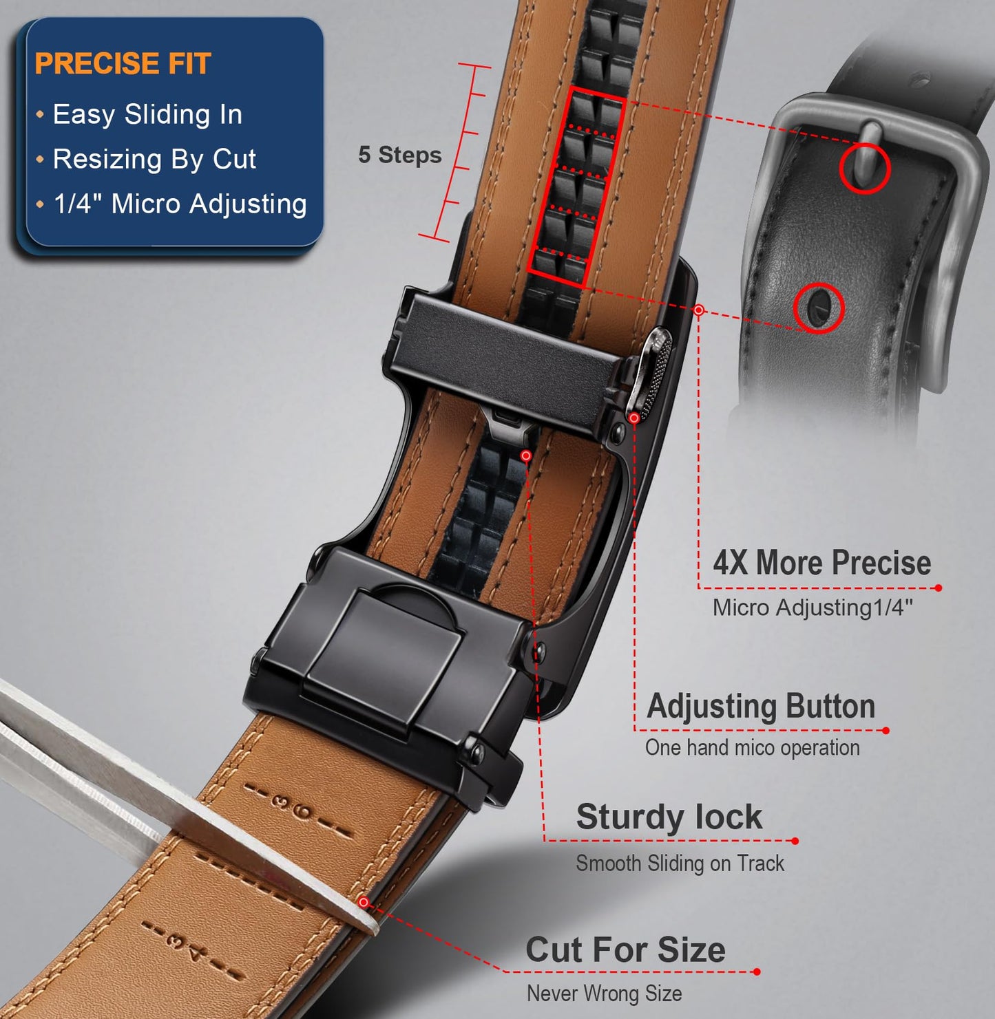 BULLIANT Men's Ratchet Belt 2 Pack-Click Leather Belt Adjustable for Men Gift 1 3/8-Cut for Perfect Fit(Black/Tawny,32"-38" Waist Adjustable)