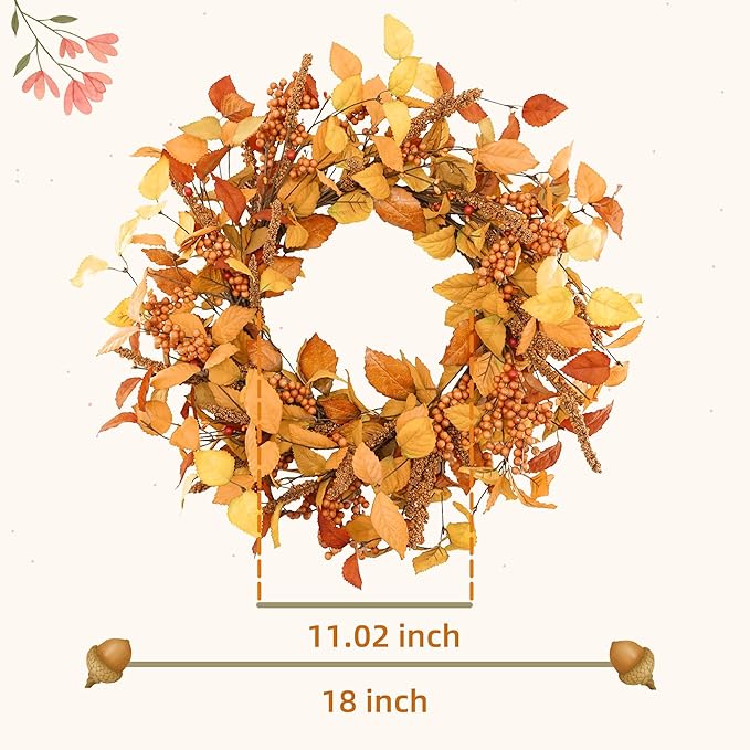 YNYLCHMX 18" Fall Wreaths for Front Door, Artificial Autumn Wreath, Fall Door Wreath with Eucalyptus Leaves and Sorghum for Home Porch Window Wall Farmhouse Decor, Indoor Outdoor, Holiday Decor