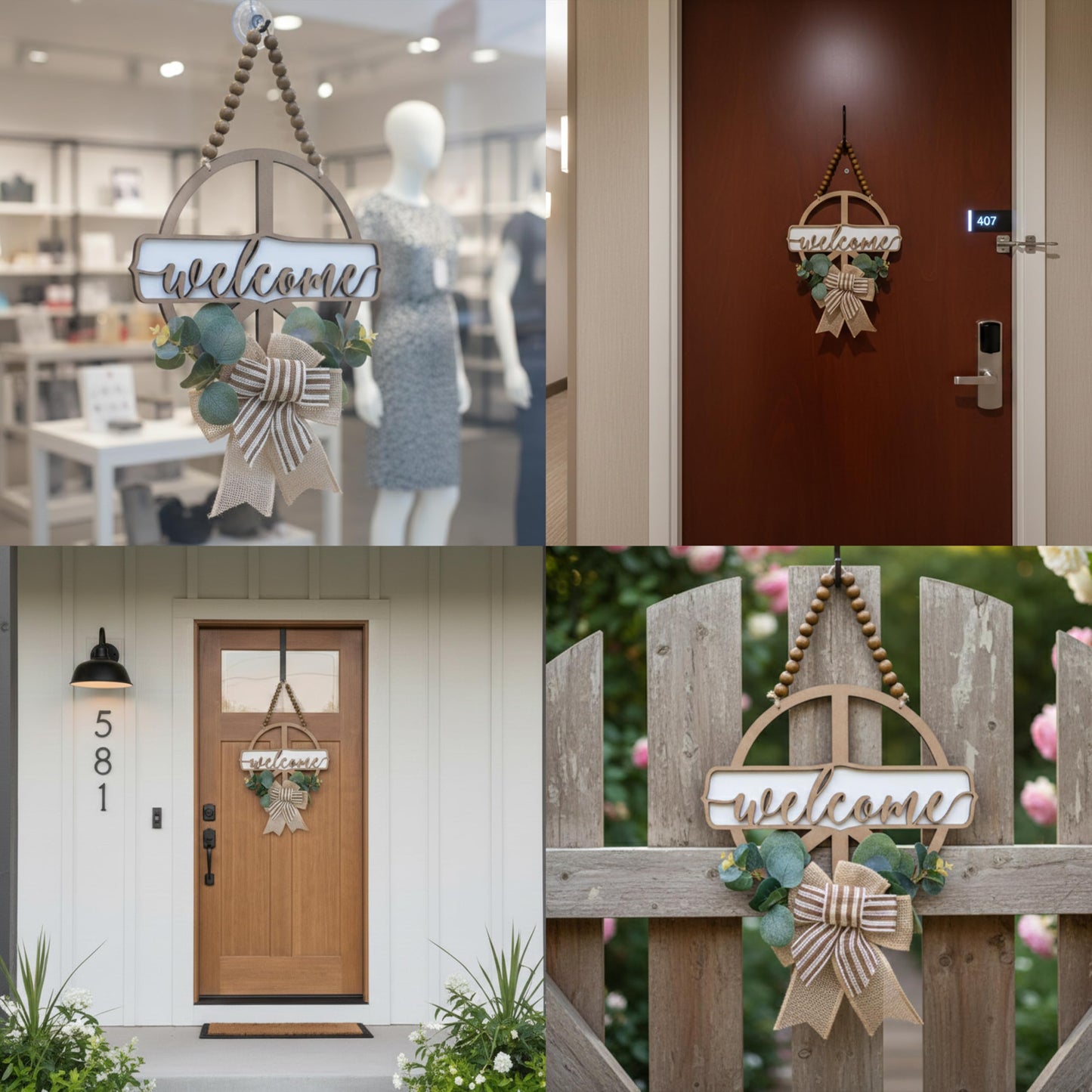 CondorPasea 12 Inch Round 3D Welcome Door Sign, 0.4" Thick Solid Wood Front Door Welcome Sign with Artificial Greenery, Buffalo Plaid Bow & Rustic Beads, Farmhouse Porch Home Décor, Hanging Welcome Home Sign