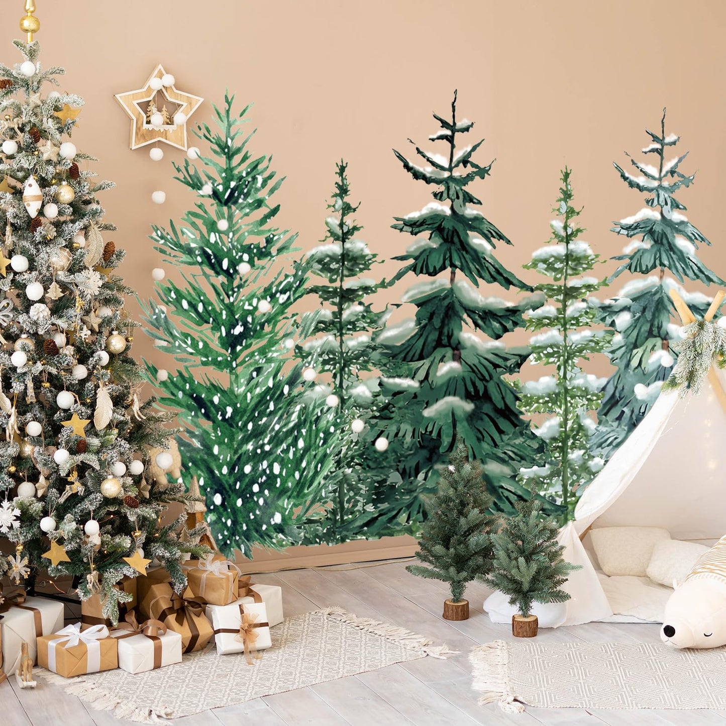 JarThenaAMCS 6 Sheets 35.4 x 71 Inch Winter Christmas Wall Stickers Snowy Forest Pine Tree Wall Stickers Peel and Stick Large Room Mural Decals for Xmas Home Party Decoration