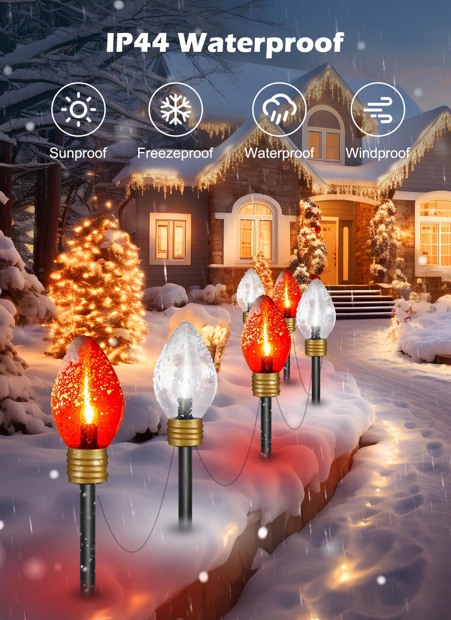 Brightown 2 Pack Outdoor Christmas Decorations - Jumbo Xmas String Lights and Pathway Marker Lights - Large Bulbs Hanging Waterproof Lawn Decoration for Holiday Home Tree Roof, Red and White