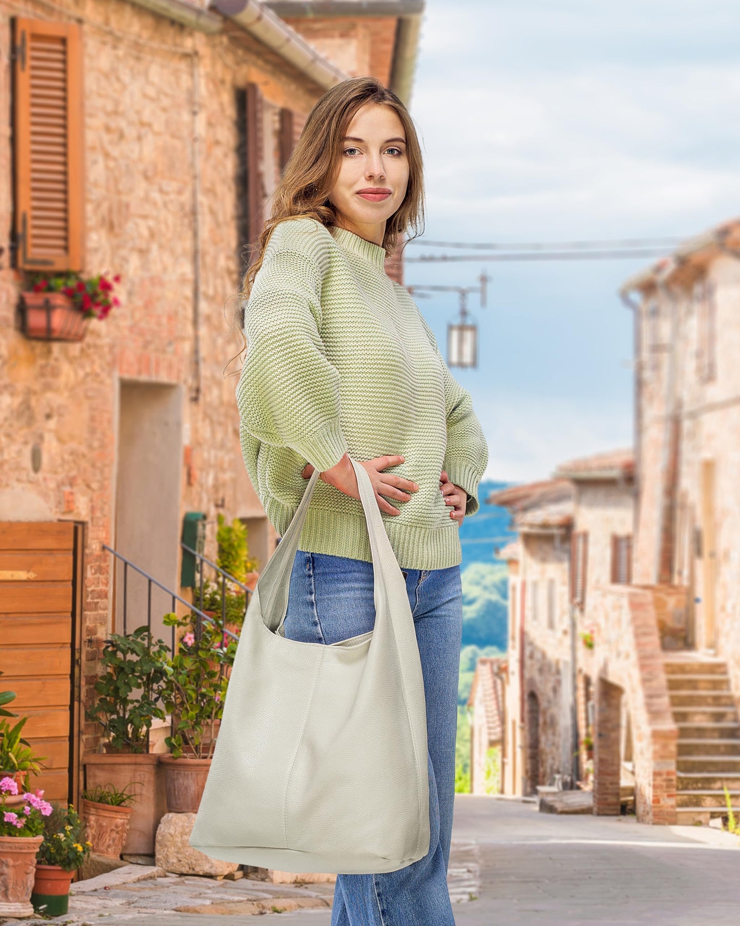 Italian Genuine Leather Hobo Bag for Women with Zipper | Large Soft Slouchy Shoulder Handbag Tote Bucket Purse Pocketbook (Beige)