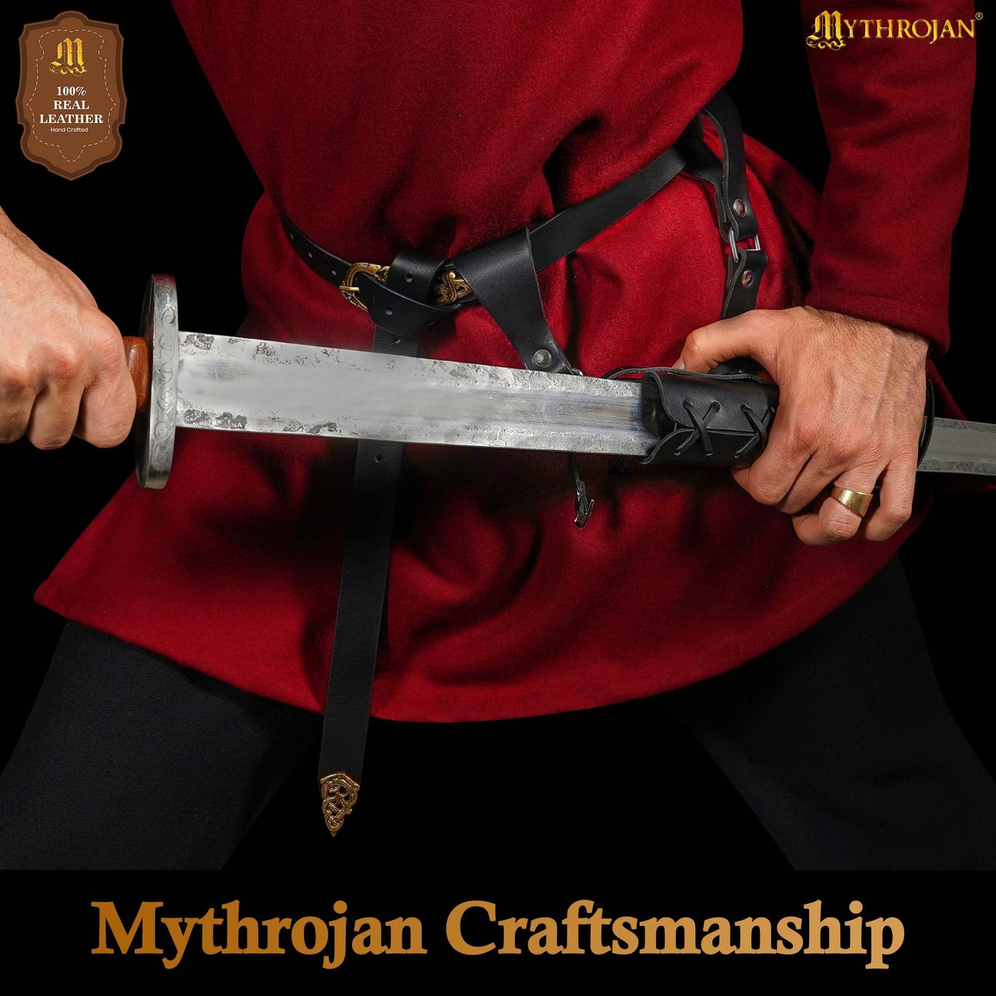 Mythrojan Medieval Sword Frog Adventurer with Leather Holder for Universal Rapier, Broadsword, Cutlass, Belt Mount Scabbard Hanger for LARP, Reenactment & Costume, Black - 8" x 8"