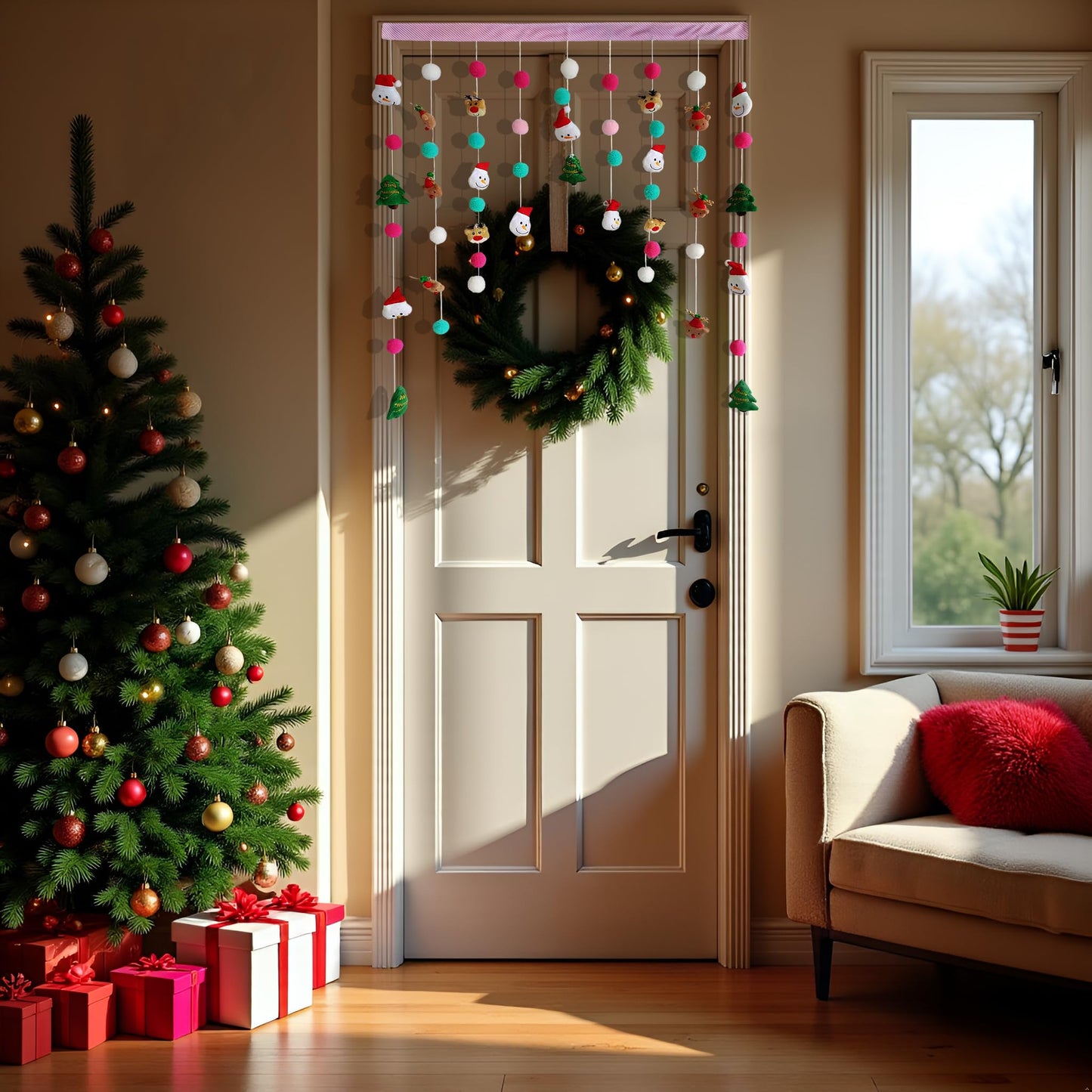 Kynthyre Cute Plush Christmas Curtain for Door Window Wall 34" W x 36" L Self-Adhesive Curtain for Living Room and Bedroom Decor