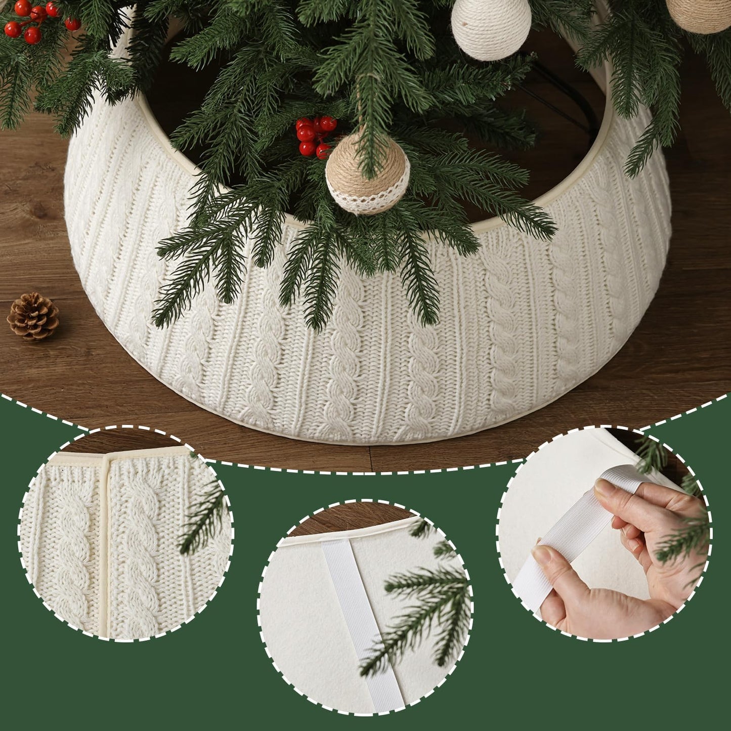 Knitted Christmas Tree Collar: Cream White Braided Cable Knit Vertical Crochet Tree Ring, Rustic Thick Chunky Farmhouse Christmas Tree Base Cover for Artificial Trees Xmas Holiday Home Décor Gifts