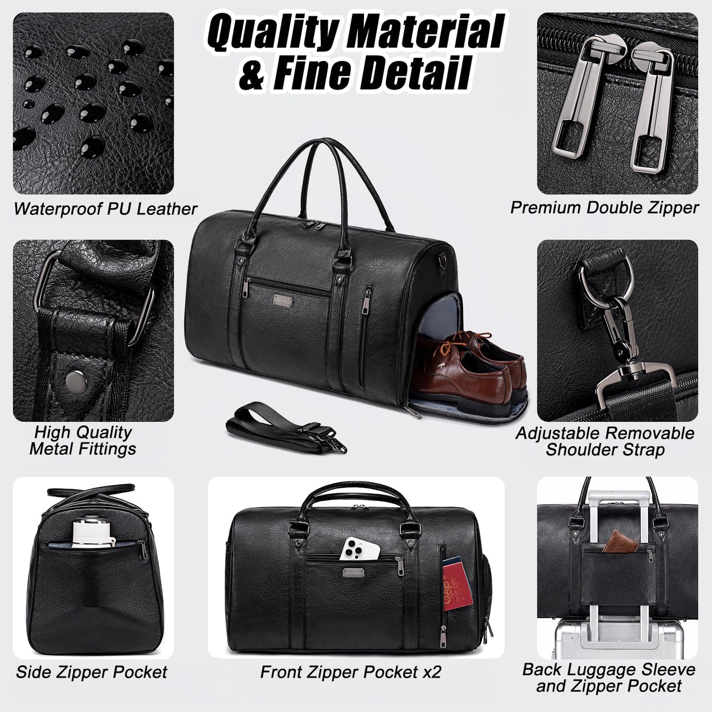 Large Travel Duffel Bag for Women Men, Faux Leather Weekender Overnight Bag with Shoe Compartment, Waterproof Carry On Bag with Toiletry Bag, Travel Tote Bag Gym Bag (Black)