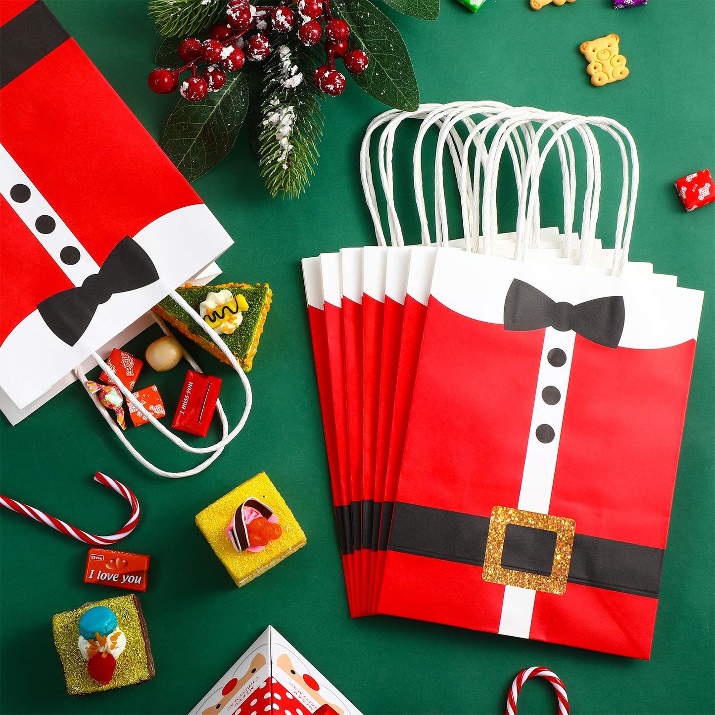 16 Large Santa Clause Suit Print Bags with Handle, Durable Kraft Paper Present Wrapping Bags for Xmas Party Supplies, 6.3 x 3.1 x 8.7 Inches