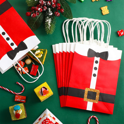 16 Large Santa Clause Suit Print Bags with Handle, Durable Kraft Paper Present Wrapping Bags for Xmas Party Supplies, 6.3 x 3.1 x 8.7 Inches