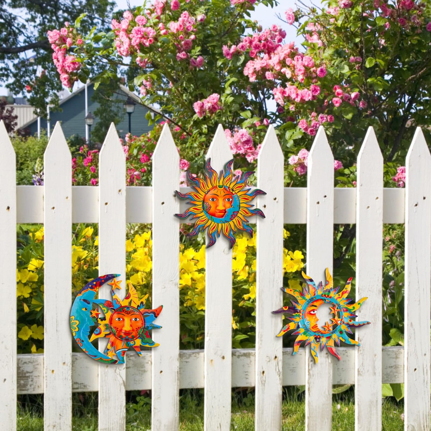 dreamskip 3 Pack Sun and Moon Wall Decor, Hanging Sun Moon & Stars Metal Wall Art, Sun Face Outdoor Wall Decor for Garden Fence Patio Yard Living Room Bedroom Decorations