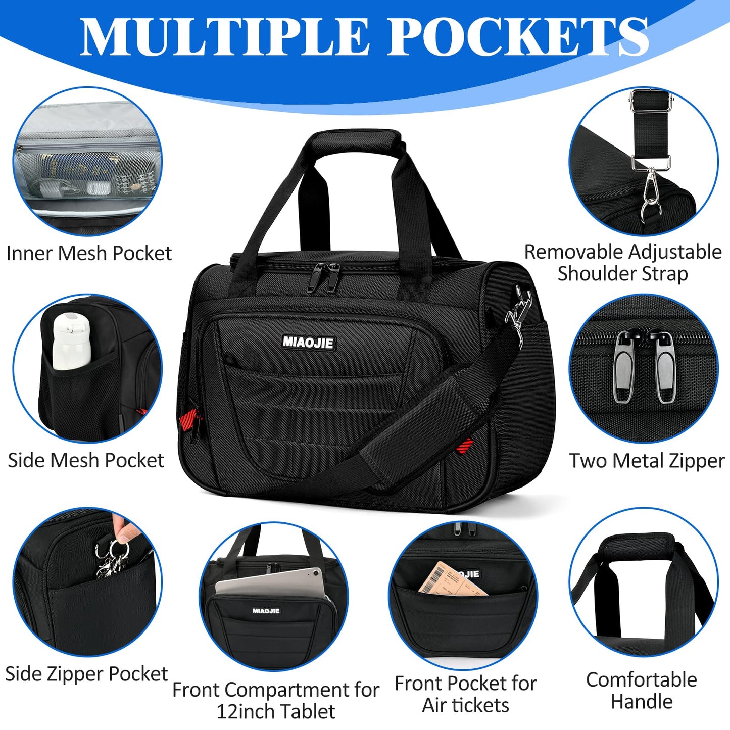 MIAOJIE Underseat Carry On luggage Bag Airplanes Personal Item Bags Weekender Overnight Travel Tote Bag Shoulder Small Softside Carry on Luggage Travel Duffel Bags For Men Women -16 IN Black