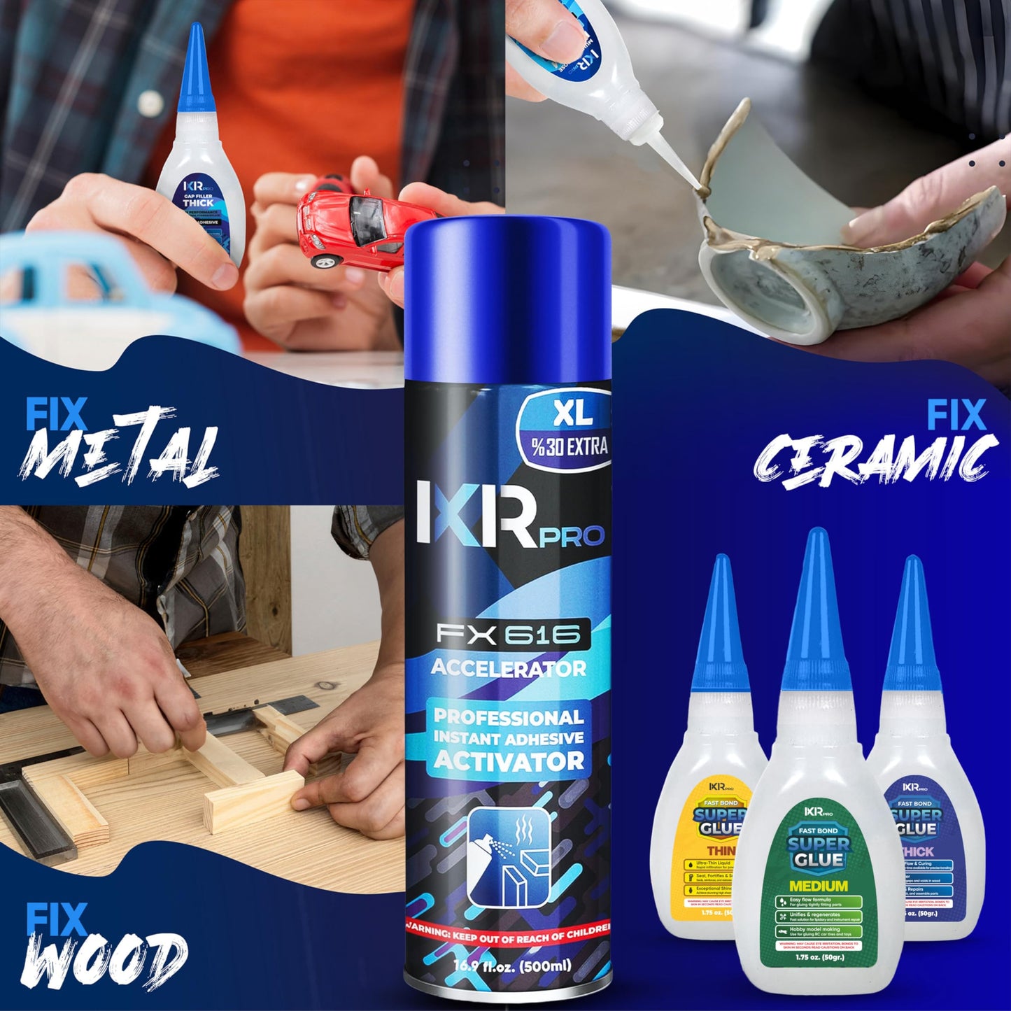 CA Glue with Activator Kit - 3 x 1.75 oz (Thin, Medium, Thick) + 16.9 fl oz Accelerator Spray, Cyanoacrylate Super Glue for Woodworking, 3D Printing, Plastic, Guitar Repair & Hobby Projects