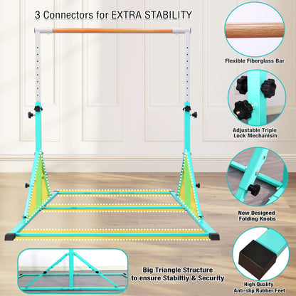 PreGymnastic Foldable Gymnastics Bar, 5.6FT Horizontal Bars for Kids 3-12, Weight Limit 350 LBS, Adjustable kip Bar, Children Home Gym Equipment (Teal)