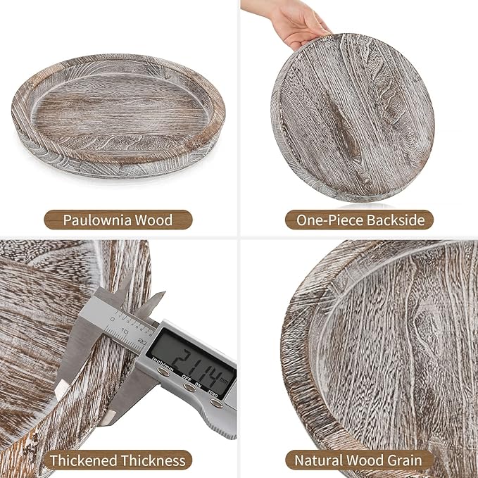 Hanobe Rustic Wooden Serving Tray Set of 2 Round Wood Butler Decorative Tray Whitewash Centerpiece Candle Holder Trays Farmhouse Ottoman Tray for Decor Kitchen Counter Home Decor for Coffee Table