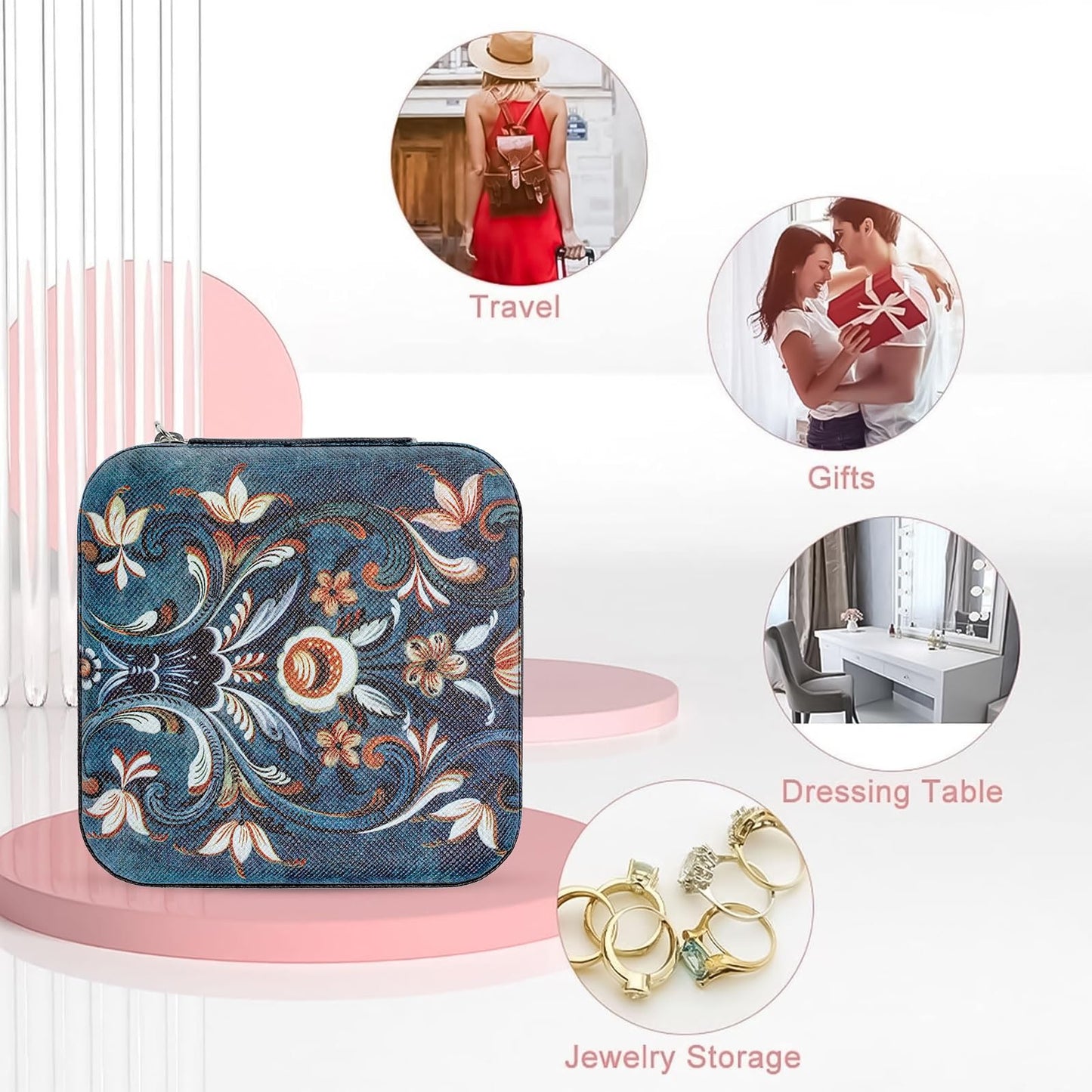 Artinhand Norwegian Rosemaling Folk Style Small Travel Jewelry Case with Mirror Portable Black PU Leather Box Earrings Necklaces Rings Bracelets Storage Organizer Gift for Women And Girls