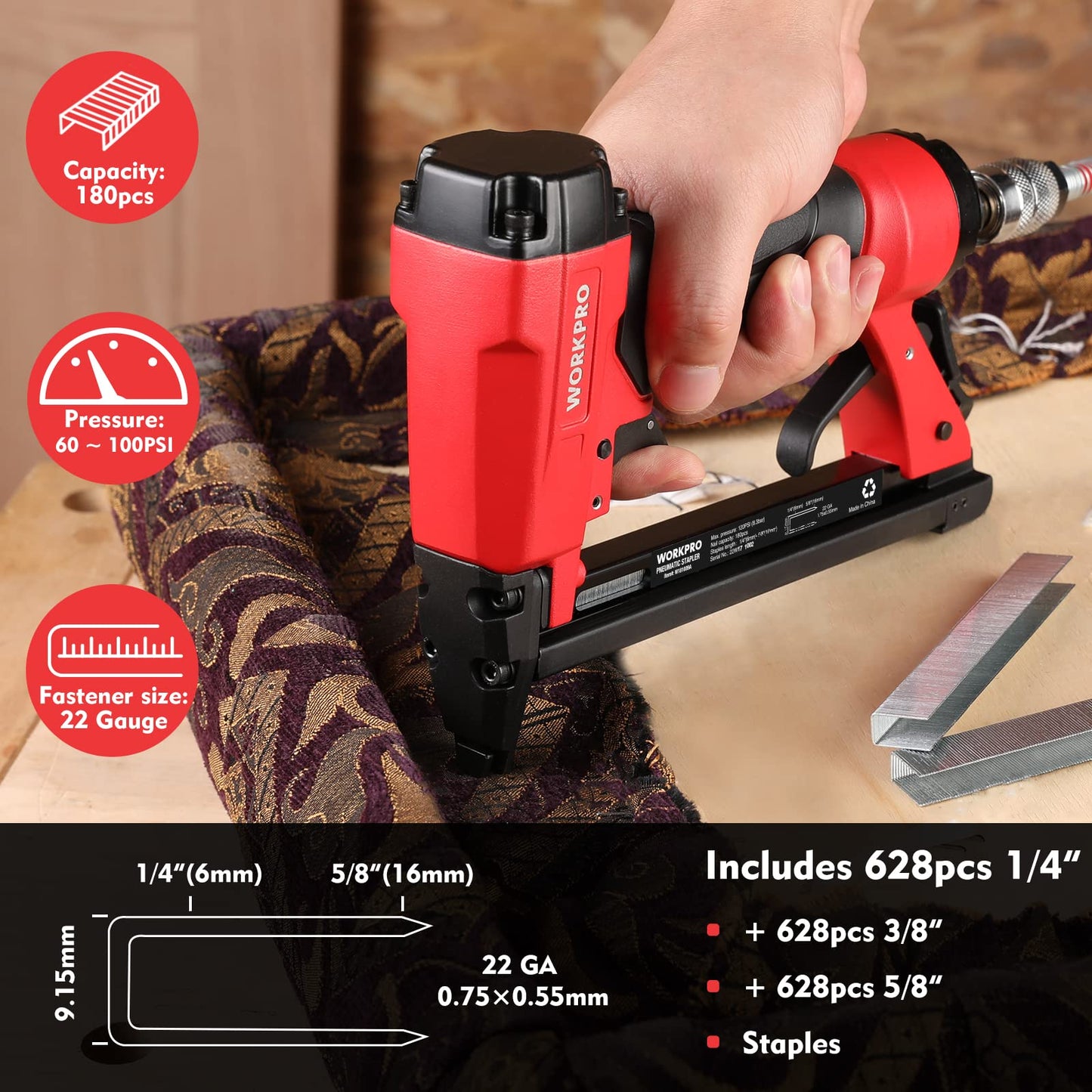WORKPRO 7116 Pneumatic Staple Gun, 22 Gauge Upholstery Stapler with 1884pcs Staples 1/4" to 5/8", Air-Powered, Rear Exhaust, for Carpentry, Woodworking and DIY Projects