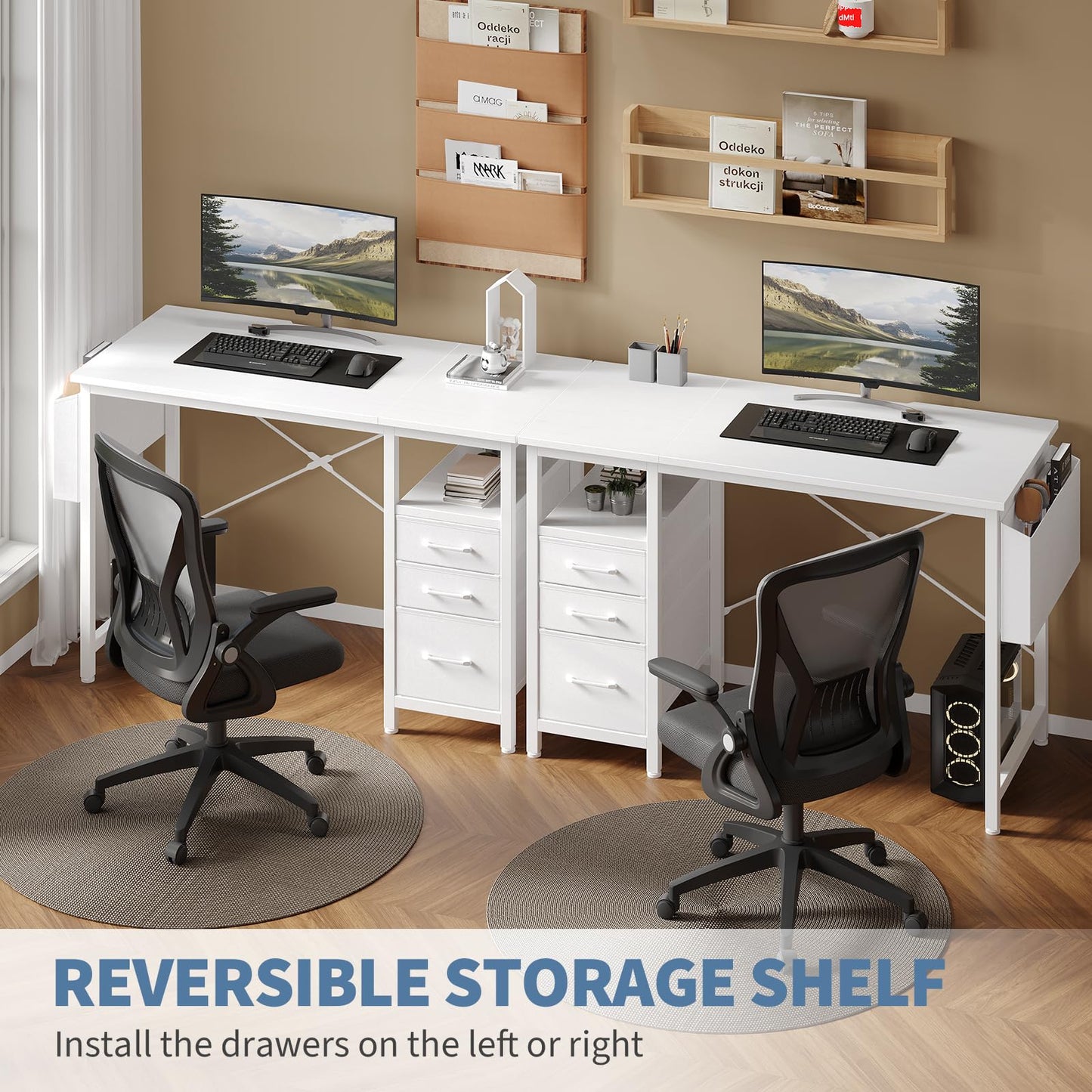 DUMOS Computer Desk with Storage, Small Home Office Desk with 3 Fabric Drawers & Side Pocket, Space Saving Writing Desk for Apartment, Dorm, Gaming Workstation, 39" White