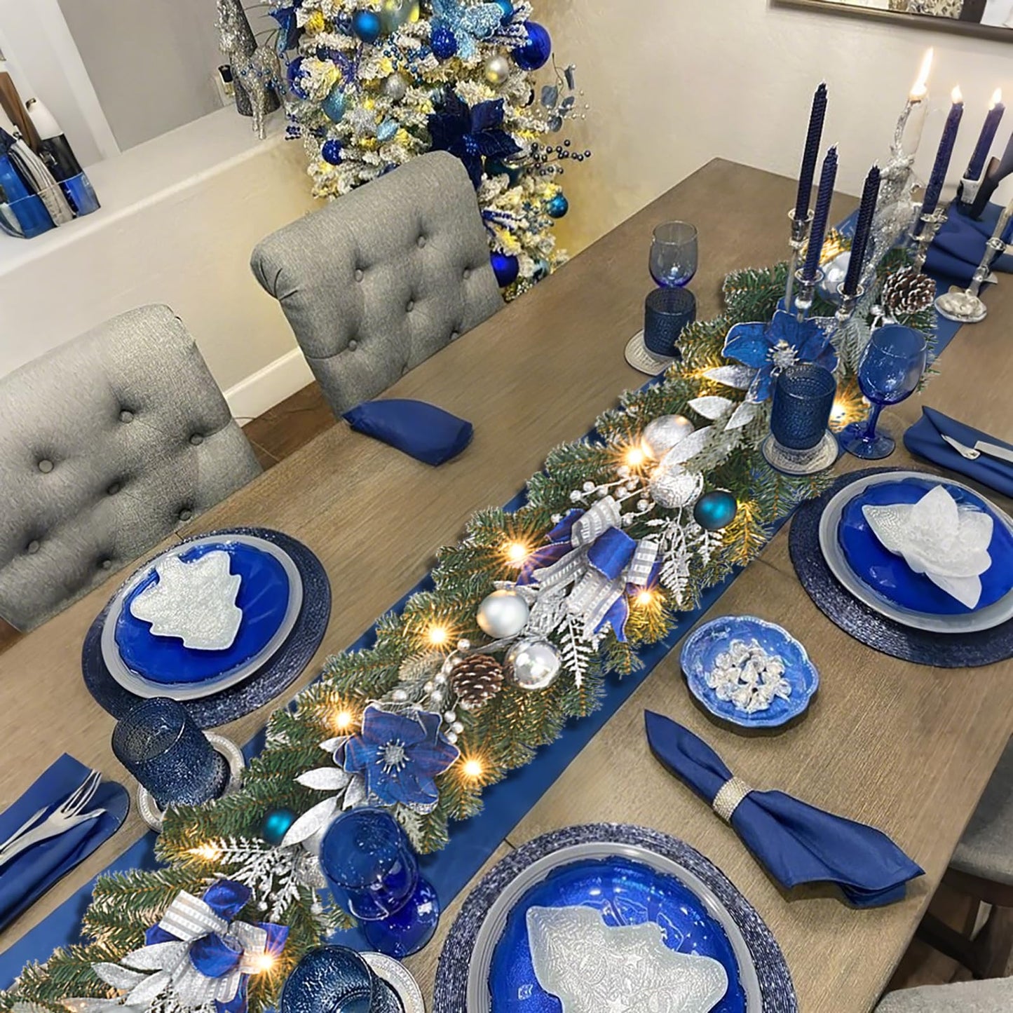 6ft Blue Silver Christmas Garland with Lights for Front Door,Lighted Winter Mantle,Fireplace and Stairs Decor- 20 Timer LED,prelit Magnolia Garland with Sparkle Ornament,Blue Floral Decor