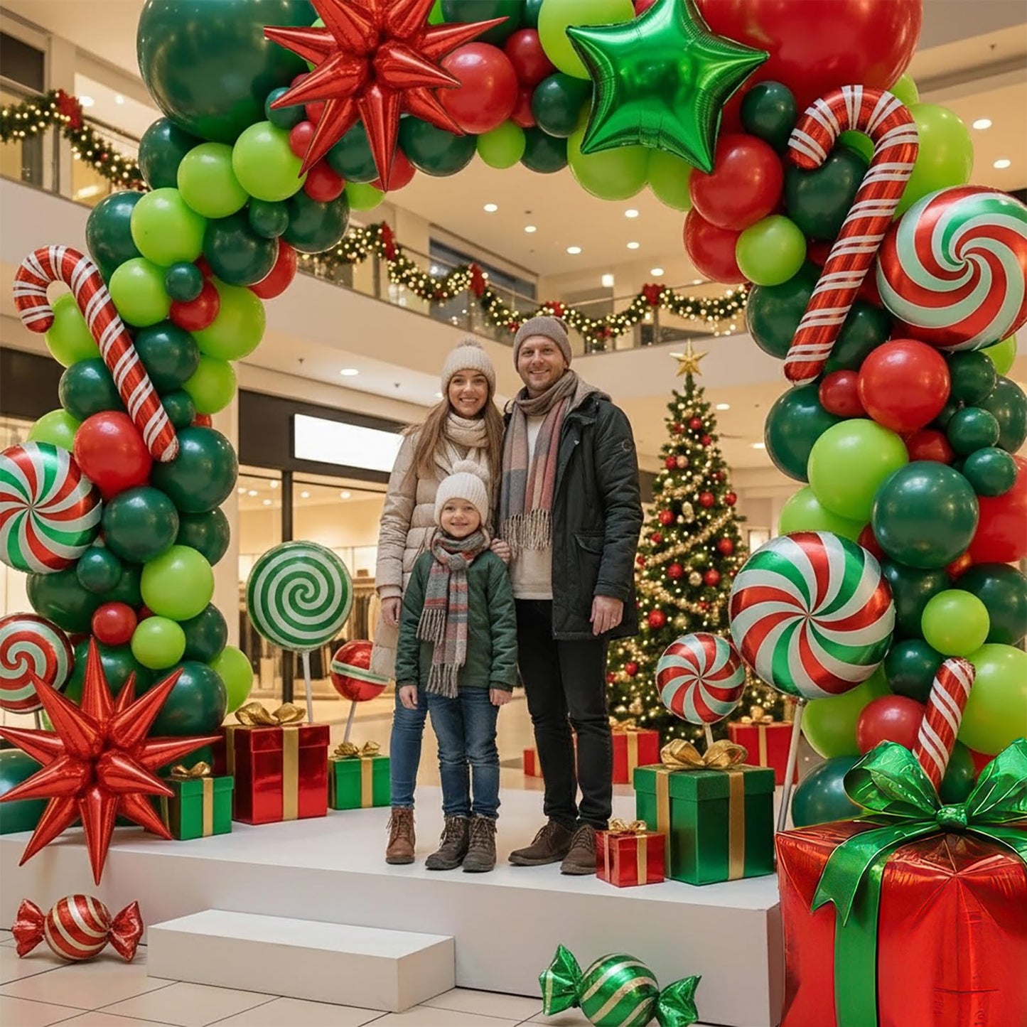 Christmas Balloon Garland Arch Kit with backdrop Xmas Red Green Balloons Candy Cane Gift Box Star Foil Balloons for Christmas New Year Birthday Party Decorations (Red Green)