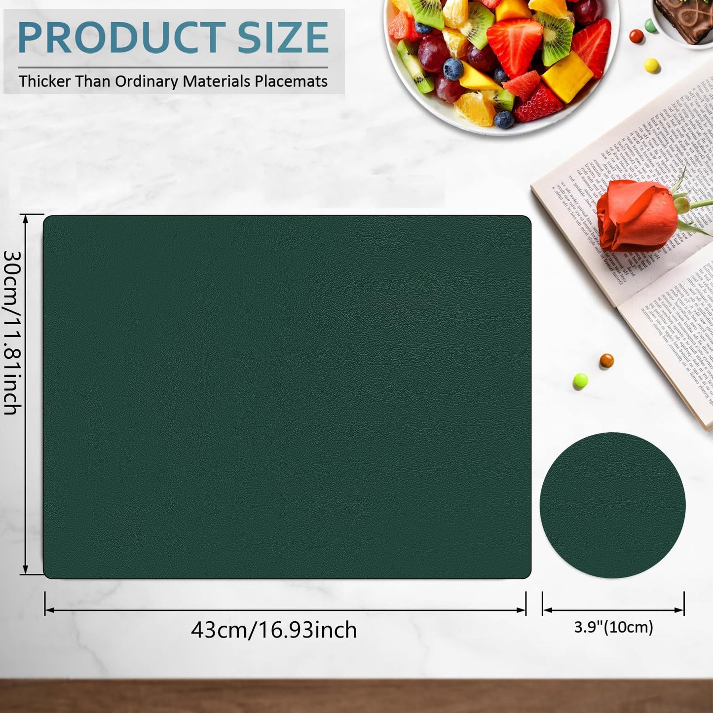 Keaixinyu Placemats and Coasters Set of 6, Waterproof、Oil-Proof Wipeable、Anti Slip PVC Leather Place Mats, Heat Resistant Reversible Table Mats for Kitchen, Dining, Outdoor 17’’×12’’, (Dark Green)