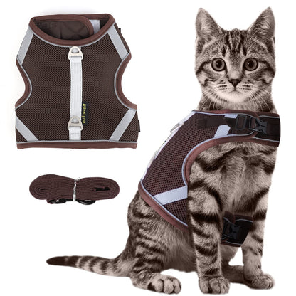 PATTEPOINT Escape Proof Mesh Cat Harness and Leash Set, Adjustable Walking Jacket Vest for Extra Kittens, Easy Control Reflective Cat Vest Harnesses for Small Medium Pets Outdoor (XS Coffee)