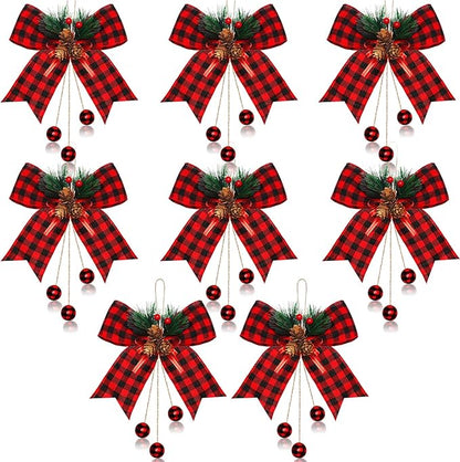 Xinnun 8 Pieces Christmas Buffalo Plaid Bows with Pine Cones Pine Needles Xmas Plaid Bow Ornament Christmas Tree Wreath Decoration for Holiday Parties DIY Crafts Home Decor (Red,Black)