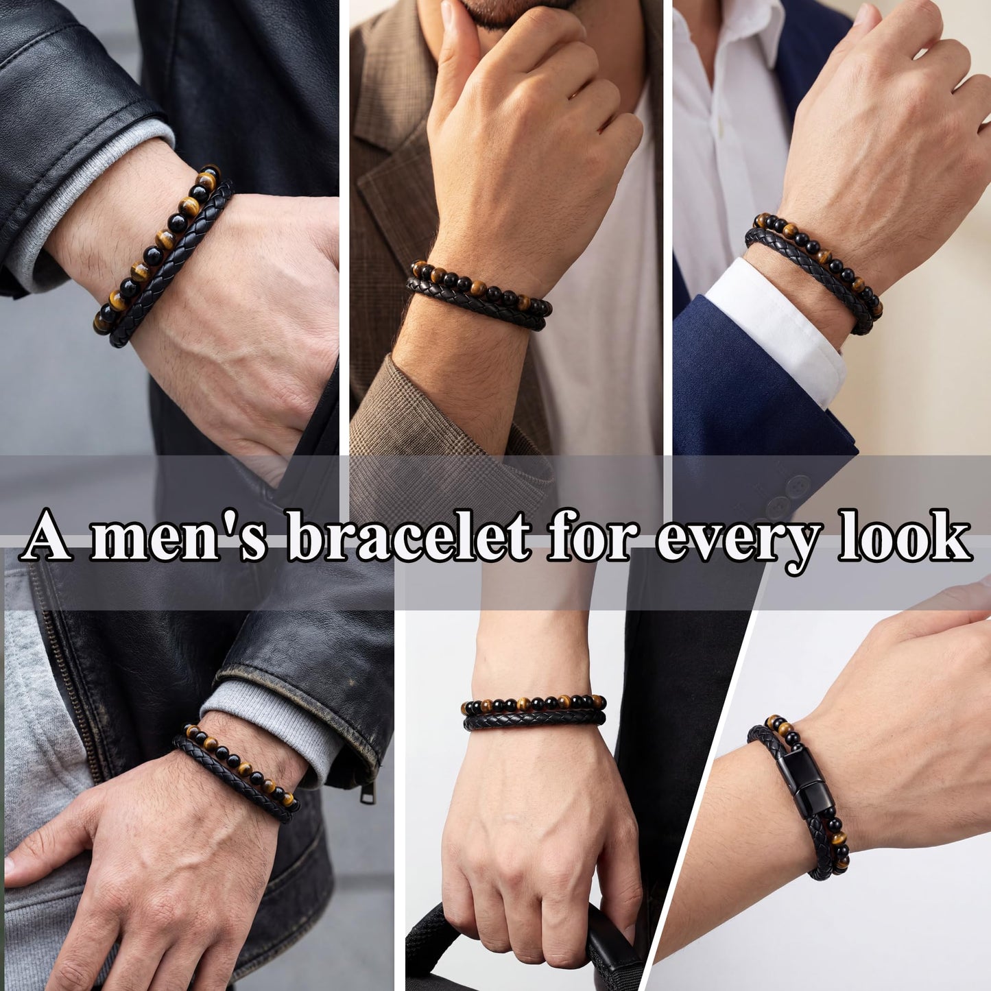 RANKEEF Mens Leather Bracelet - Tiger Eye Mens Beaded Bracelets to My Man Pulseras Para Hombres Leather Beaded Bracelets for Men