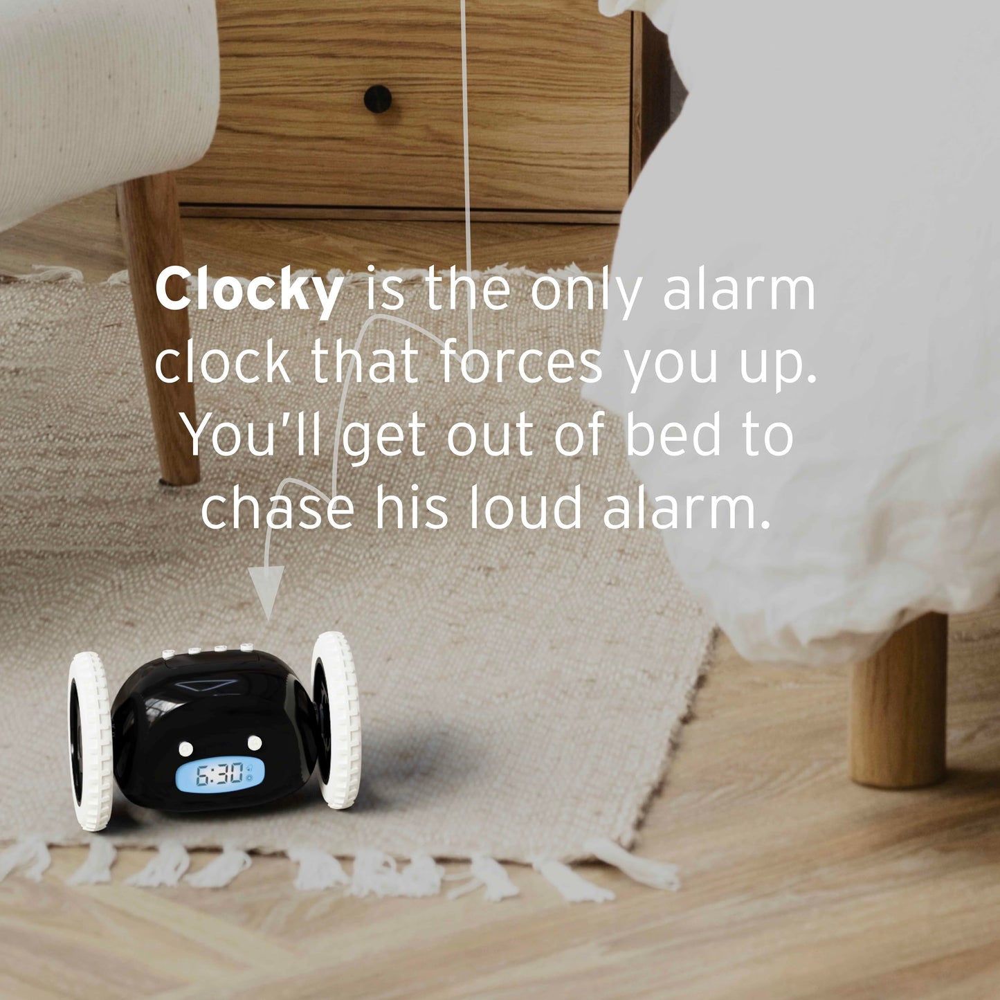 CLOCKY Alarm Clock on Wheels – Loud Rolling Alarm Clock for Heavy Sleepers | Runaway Clock that Jumps & Runs to Wake You Up | Funny Unique Gift for Adults, Teens & Kids Bedrooms (Black)