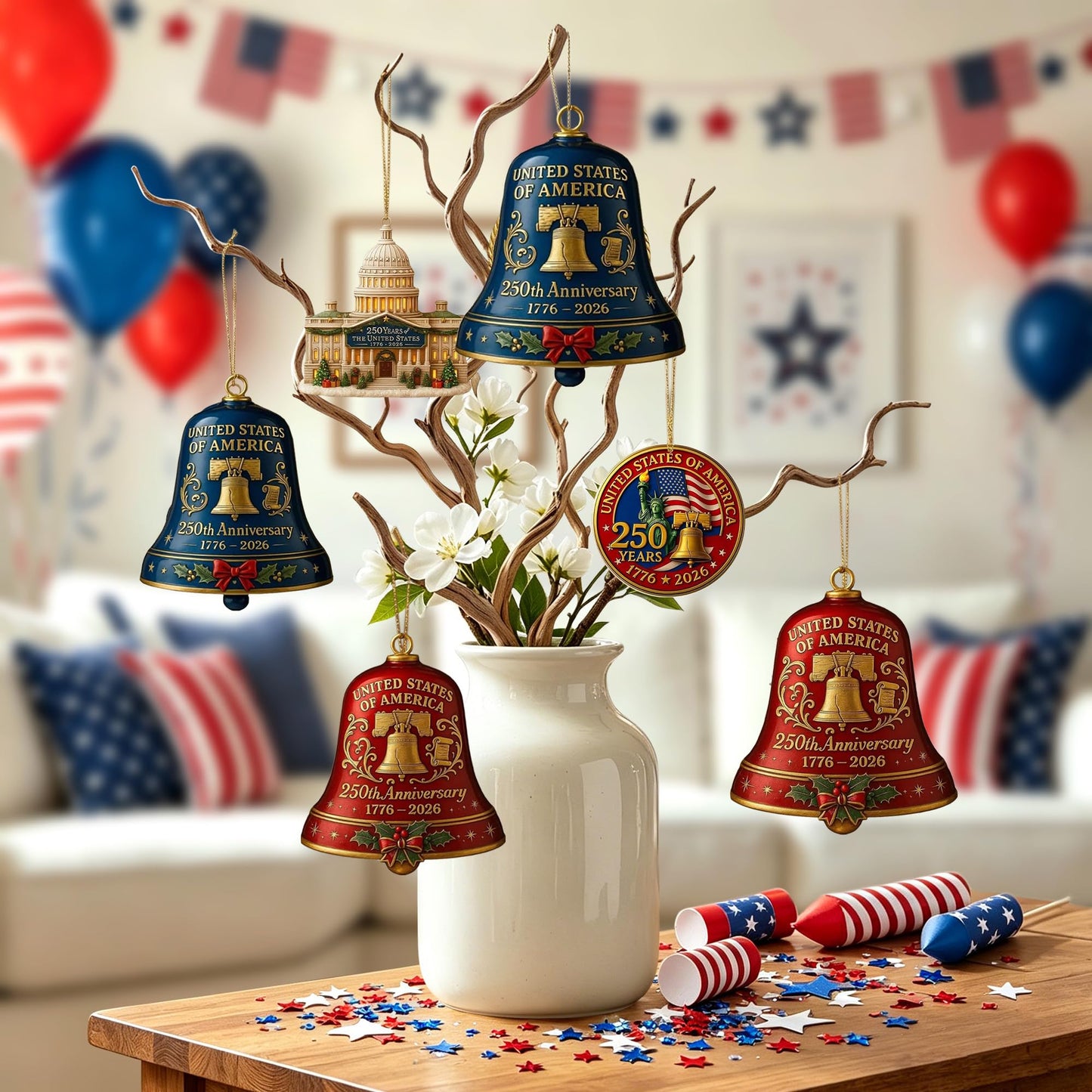 2pc 250th Anniversary USA Bell Ornament for 4th of July Decorations, 2D Acrylic 250 Anniversary Merchandise, America 250th Birthday Gifts, 250th Patriotic Decorations for Holiday Ornament Gift Bulk