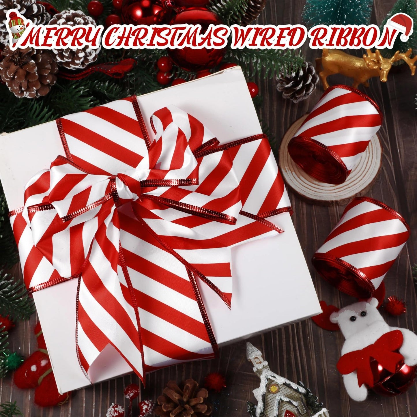 Hanaive 2 Rolls Ribbons for Christmas Tree Wired Ribbon Satin Stripes Edge Wrapping for Crafts DIY Gift Party Garden Home Garland Bows Ornament Decor(1.5 Inch x 10 Yards,Red White)