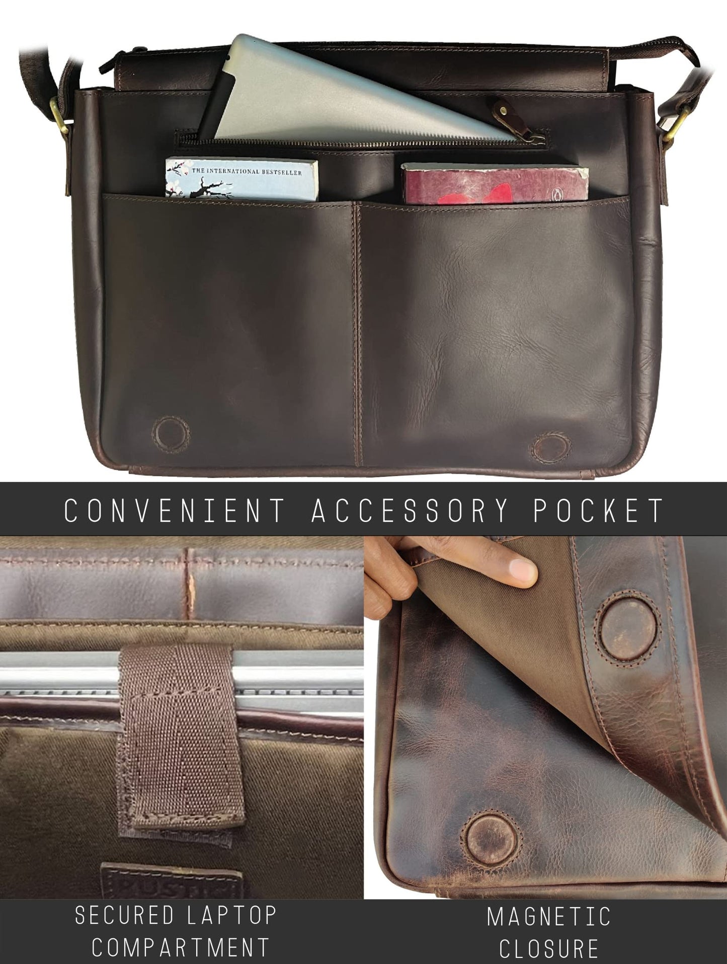 RUSTIC TOWN Leather Messenger Bag for Men Women - Full Grain Leather Laptop Satchel Office Shoulder Bag (16-Inch, Dark Brown)