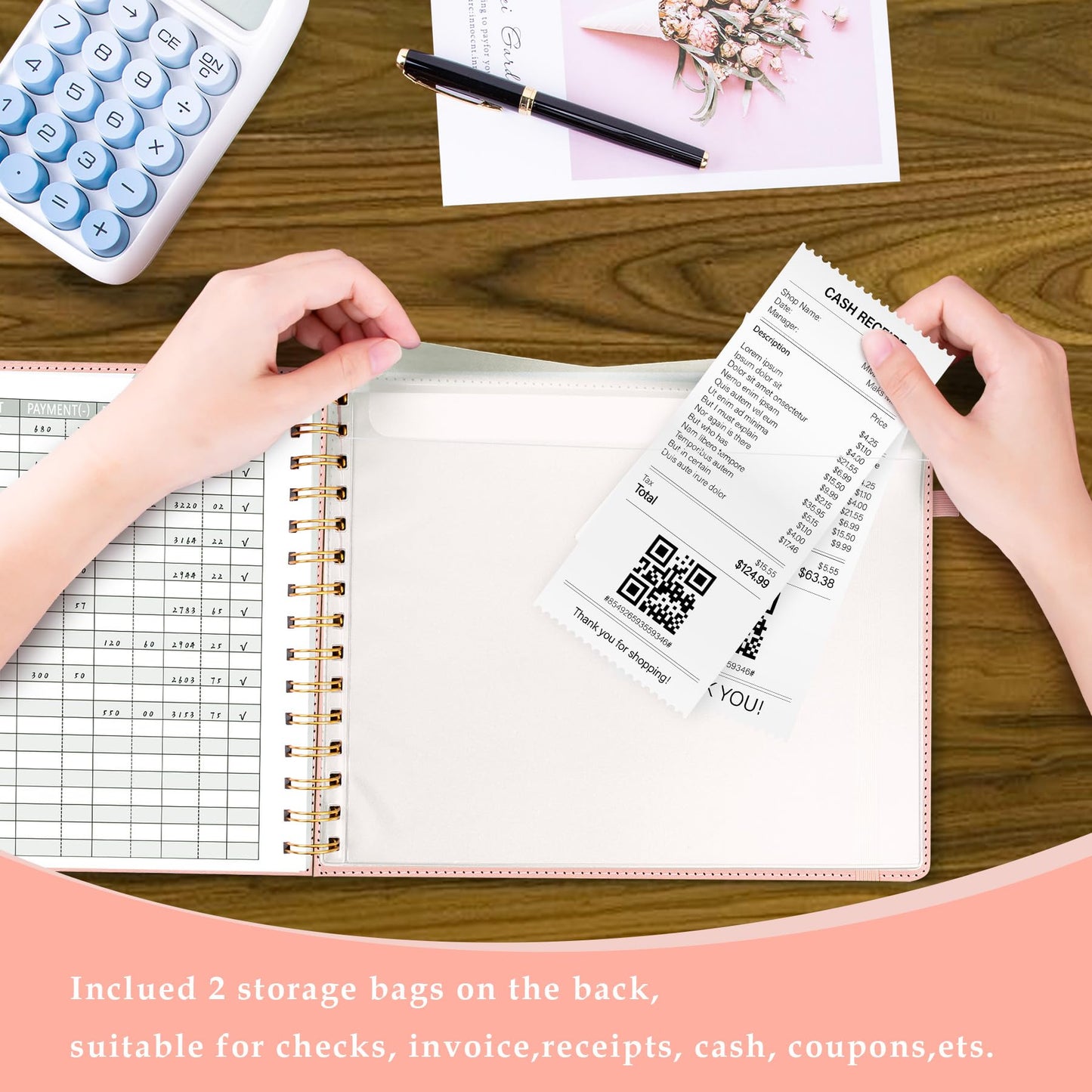 AKONEGE Accounting Ledger Book for Personal & Small Business Bookkeeping, Horizontal Income and Expense Tracker Notebook with Calendar, Hardcover Columnar Log Journal 10.78'' x 8'', Dusty Pink