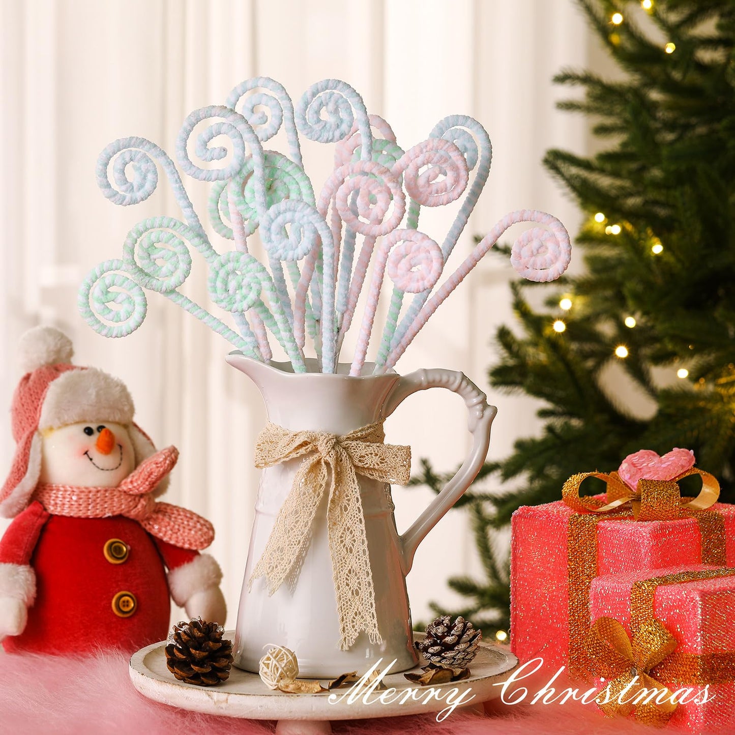 Gerrii 16" Pastel Christmas Decor Candy Cane Tree Picks Christmas Ornament Pastel Curly Pick Spray Macaron Stem Topper Large Lollipop Branches Stick for Home Wreath Vase Filler Craft Holiday Party