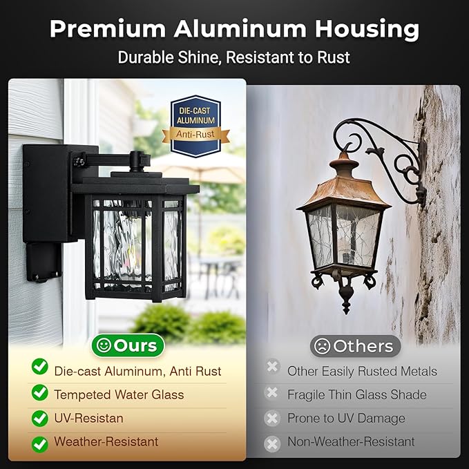 2-Pack Porch Light with GFCI Outlet, Black Dusk to Dawn Outdoor Lantern Wall Mount, Modern Outdoor Sconces Wall Lighting with Glass Shade, Waterproof Outdoor Light Fixtures for House, Garage