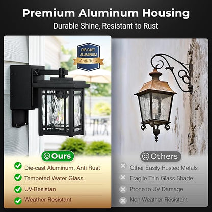 Porch Light with GFCI Outlet, Black Dusk to Dawn Outdoor Wall Light, Exterior Sconce Light Wall Mount, Waterproof Outdoor Garage Lighting Fixtures, Modern Outside Wall Lantern for House, Coach
