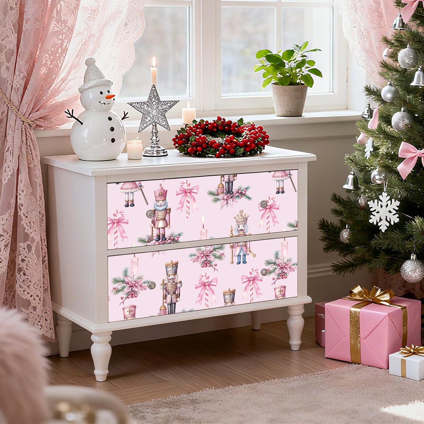IARTTOP Pink Nutcrackers Wallpaper Peel and Stick Christmas Party Pink Contact Paper for Cabinets and Drawers Christmas Nutcracker Wallpaper Self-Adhesive for Xmas Holiday Home Decor(17.3"X118.1")