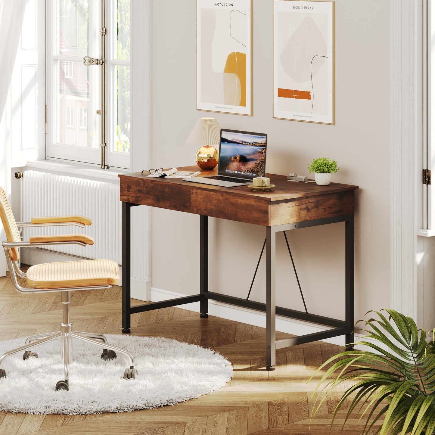 Mexin Small Desk with 2 Wooden Drawers, 40 Inch Home Office Writing Desk, Vanity Desk with Storage, Computer Desk for Bedroom Small Spaces, Table for Office, Kids Study, Makeup, Rustic Brown