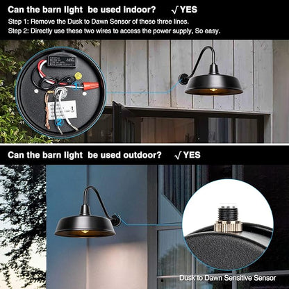 Gooseneck Barn-Lights Outdoor Fixture - 24 inch Farm Style Black Large Lighting Farmhouse Exterior Sconce Wall Light for House, Dusk to Dawn Sensor Front Door Porch Garage (24 inch)