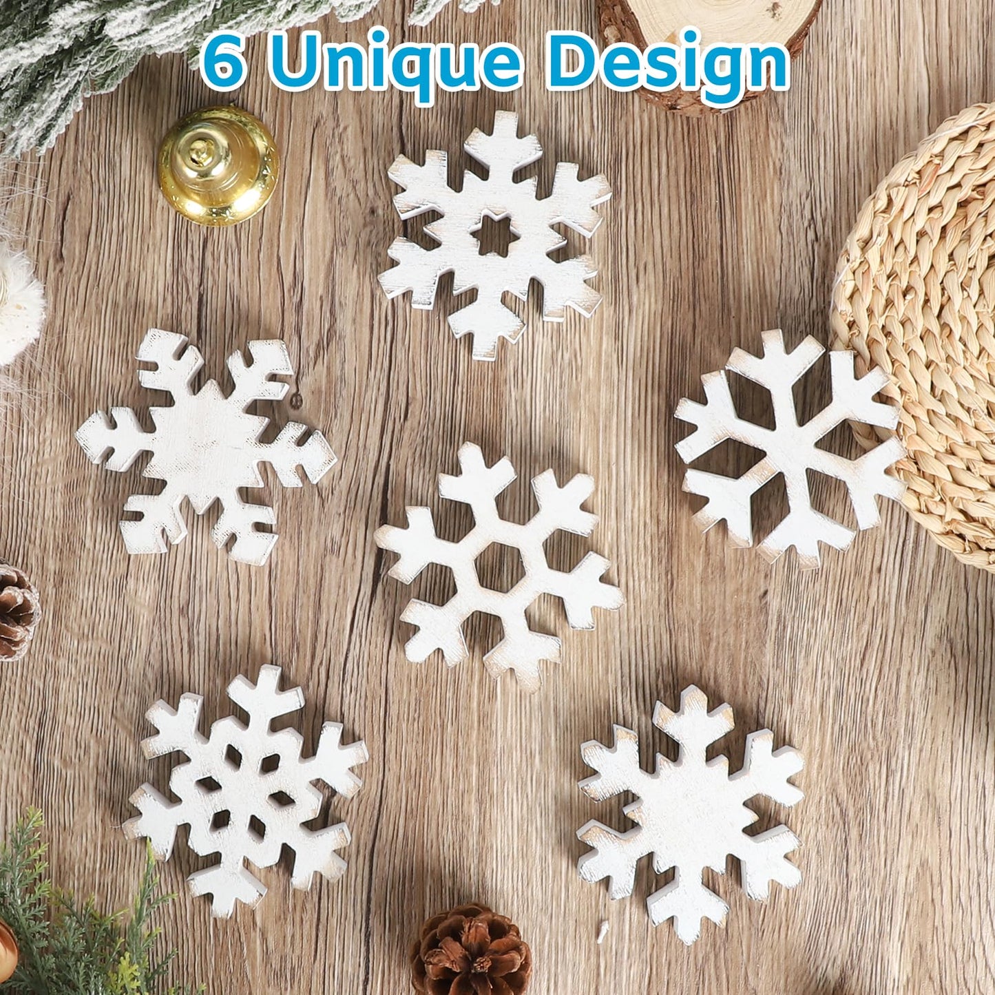 PAIVSUN 6Pcs Christmas Wooden Snowflake Decor Winter Snowflakes Table Signs Centerpieces Decorations Standing for Xmas Holiday Party Home Tabletop (Retro)