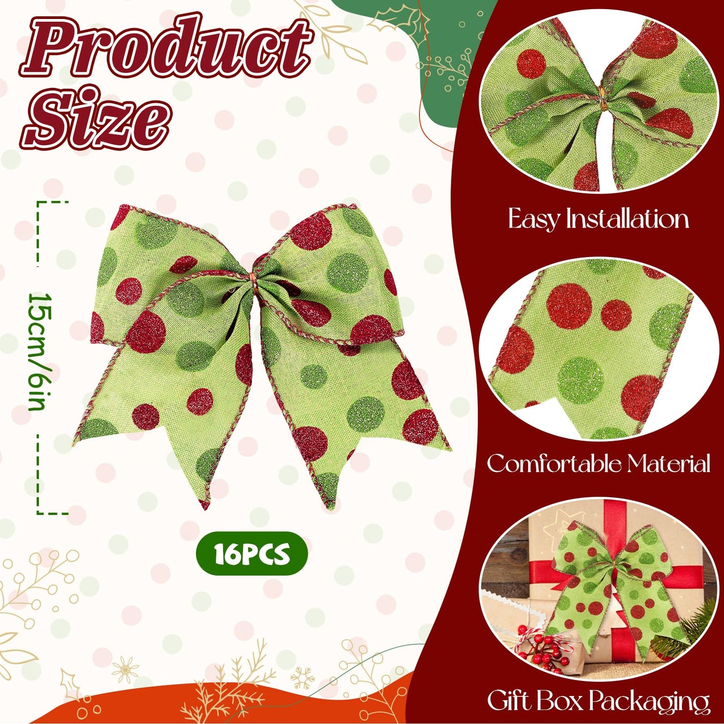 Miucat 16 Pcs Christmas Tree Bows Decoration, 6 Inch Large Christmas Bows Red Green Dot Bows Ribbons Ornaments Christmas Wreath Decorations for Tree Gift Wrapping Wall Home Front Door Decor