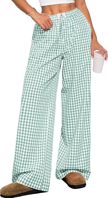 ANRABESS Womens Striped Gingham Pants 2025 Pajama Lounge Boxer Pants Cute Comfy PJ Bottoms with Pockets Y2K Plaid Outfits