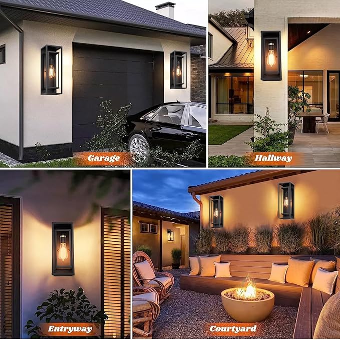 2 Pack 18 inches Outdoor Wall Lantern Light Fixture, Large Black Exterior Waterproof Wall Sconce, Anti-Rust Mount Porch Light with Clear Glass,E26 Socket