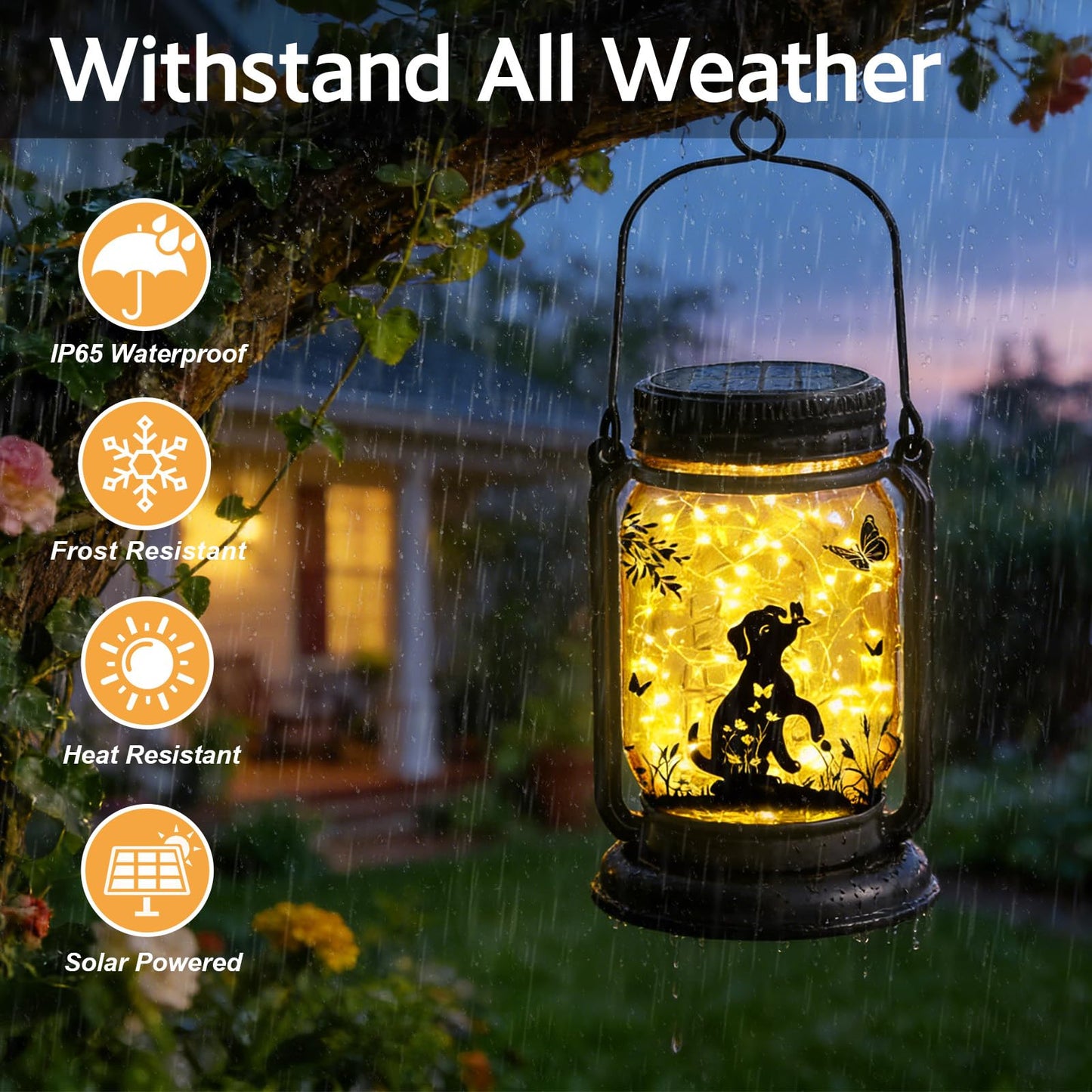 2 Pack Dog Solar Lanterns, Outdoor Hanging 3in1 Solar Lantern with Stake, Birthday Gifts for Mom, Grandma, Women Dog Lover, Dog Butterfly Mason Jar Waterproof LED Lights for Yard Lawn Garden Decor