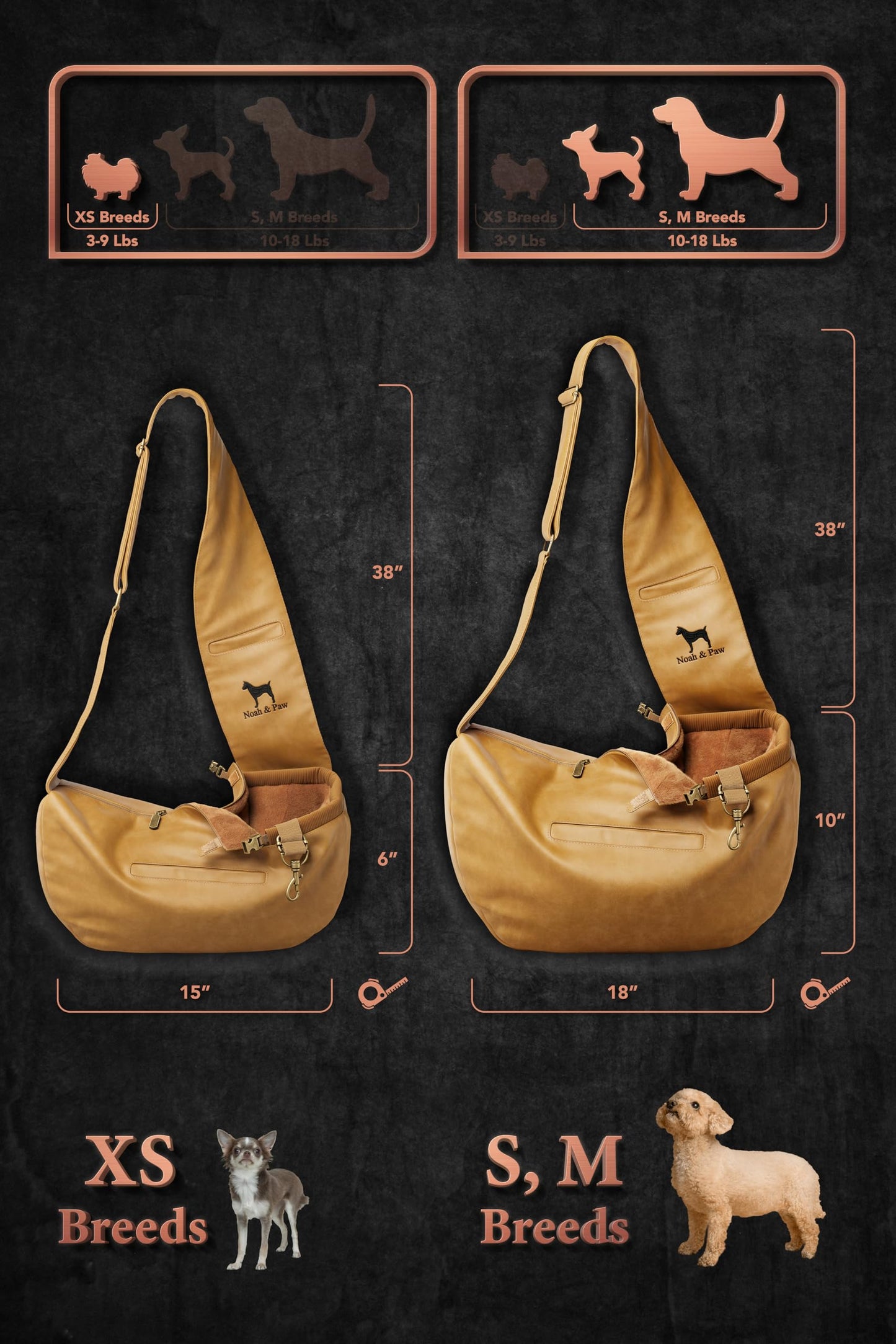 Noah & Paw Dog Sling Carrier for Small Dogs 5-18lb, Dog Sling for Small Dogs and Cats, Dog Carrier with Adjustable Padded Strap, Vegan Leather Lined with Fur, 3X Safety Features, Machine Washable