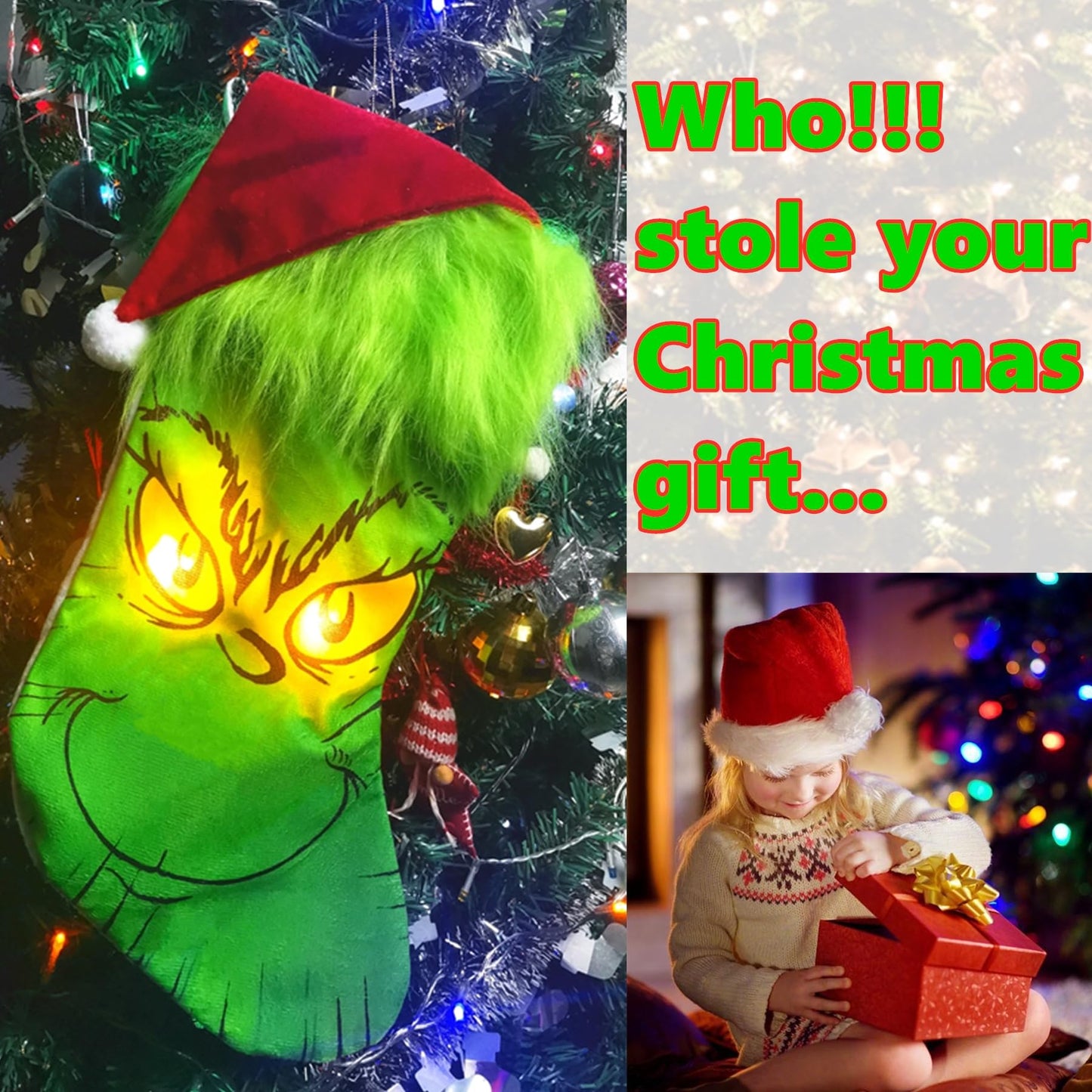 Christmas Stocking with LED Light, 14.98 inch Red Green Hanging Stocking, Candy Gift Socks Christmas Ornament Decorations for Family Holiday Xmas Party Decorations (One Size, Christmas Stocking)
