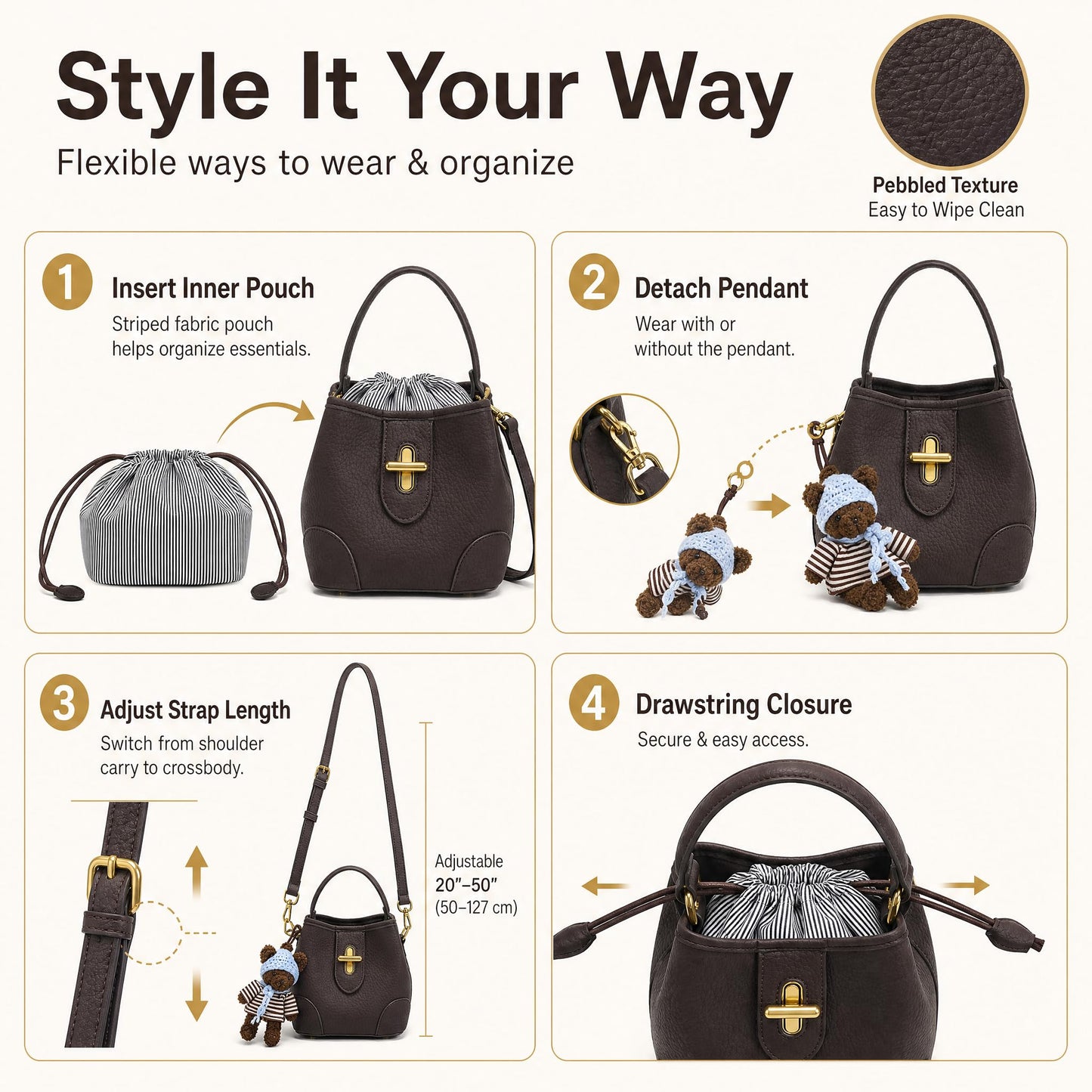 COC.EFRENAR Women's Mini Top Handle Bag, Vegan Leather Crossbody Shoulder Purse with Cute Bear Charm & Scarf, Small Bucket Handbag with Adjustable Strap
