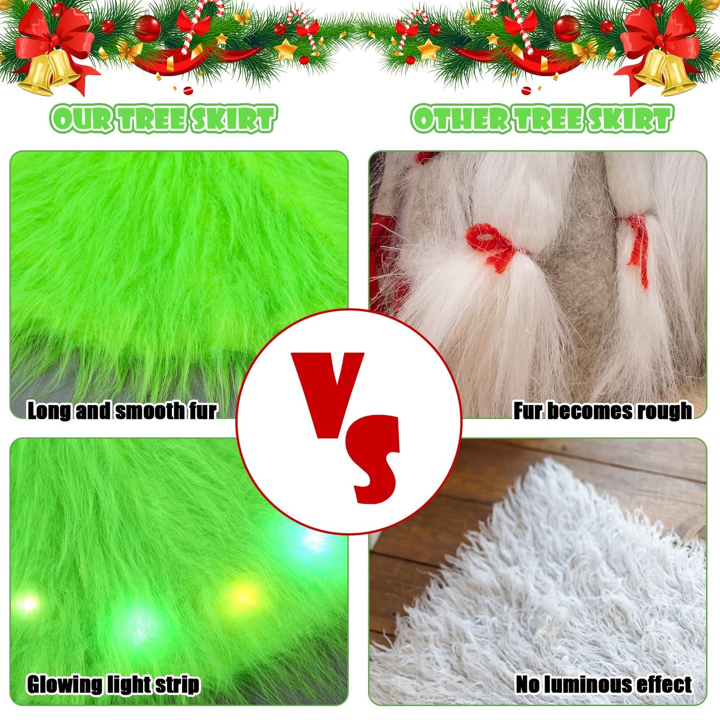 Soulchen 72 Inch Lime Green Christmas Tree Skirt with LED Light Fur Xmas Tree Collar Mat Pure Faux Round Carpet for Merry Christmas Xmas Decoration Home Decor Party Ornaments