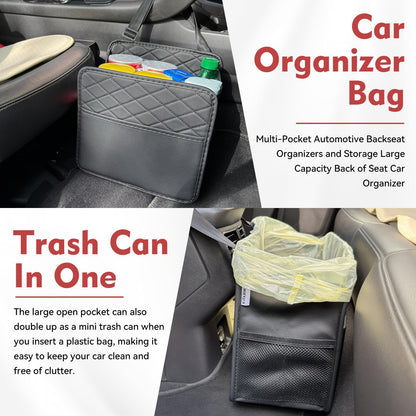 Witaxima Upgrade Car Seat Organizer Backseat with Storage Pockets, Multipurpose Car Organizer Hanging, Car Trash Bag Can,Premium PU Leather Garbage Can 2.14 Gallon Large Capacity, Black.