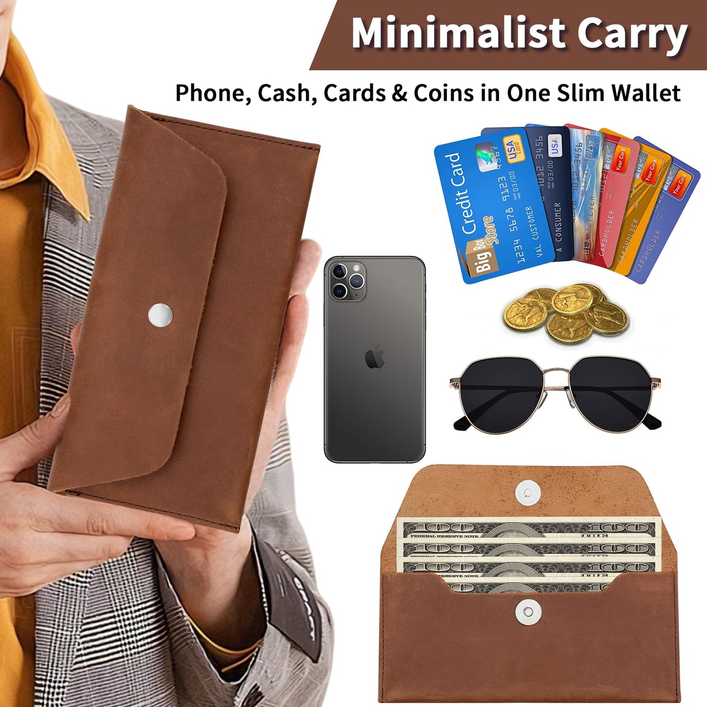 LAMCLTH Cash Envelope Wallet for Men, Genuine Leather Budget Envelope Wallet, Reusable Money Cash Organizer Pouch, Retro Clutch Wallet for Budgeting