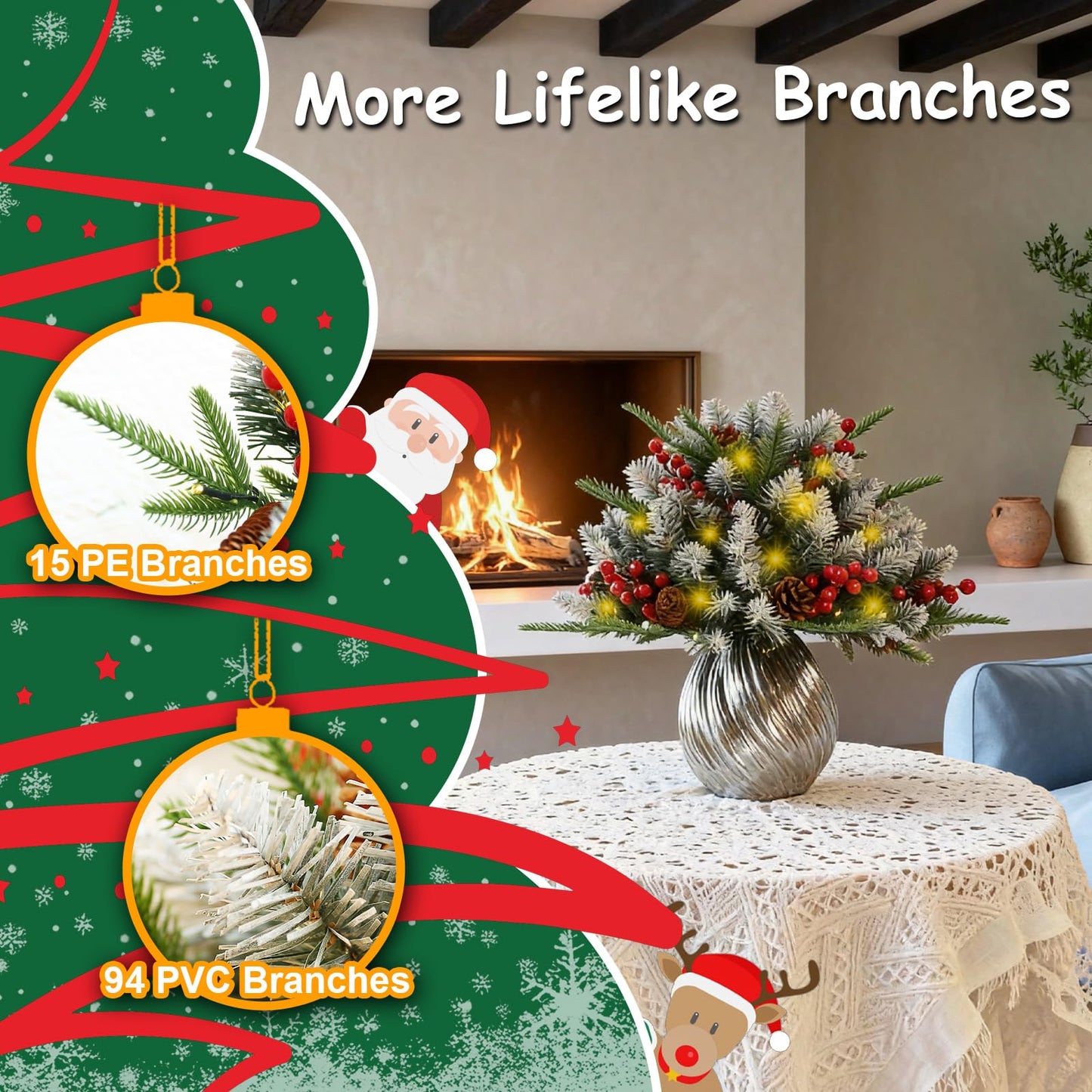 JOYHALO 2 Pack Set 22Inch Christmas Urn Filler with 40 Warm White Lights, Christmas Pot Fillers with White PVC&PE Branches, Outdoor Christmas Trees for Porch Pathway Entryway Yard Decorations