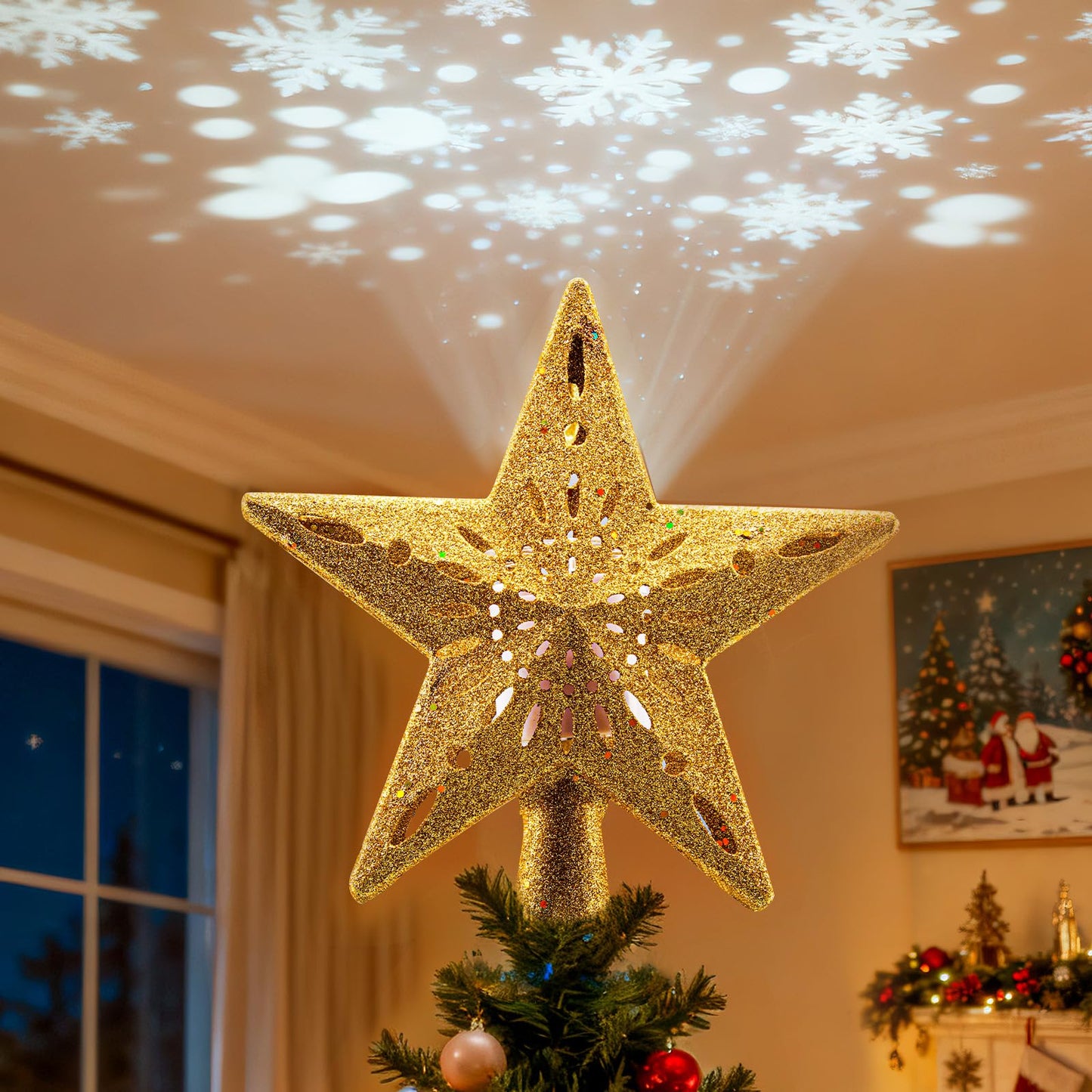 Christmas Tree Topper Lighted with Golden Snowflake Projector, 3D Holographic Rotating LED Magic Light, Christmas Tree Star Topper for Christmas Tree Decorations